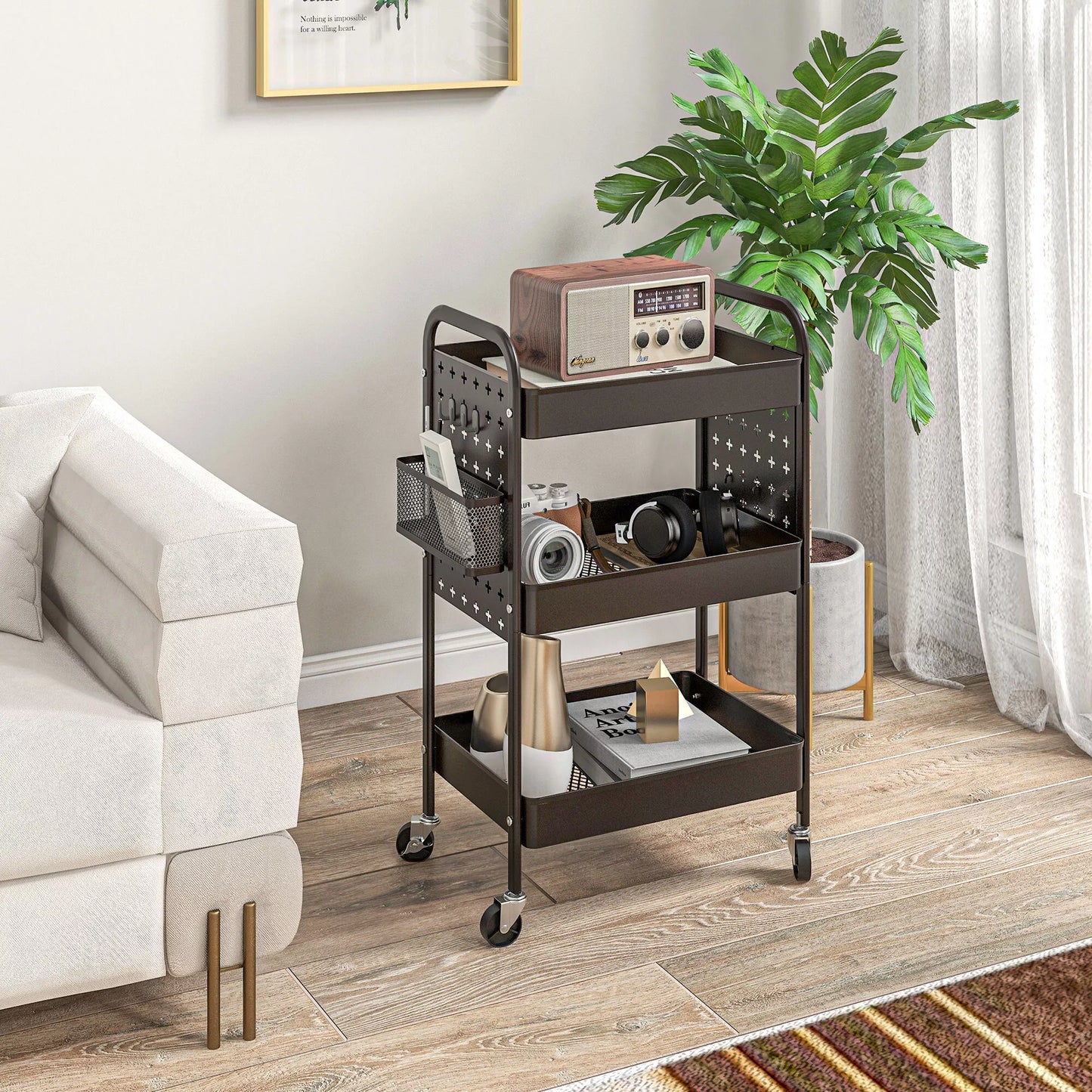 Daugiafunkcis virtuvės vežimėlis, 3 lentynos, 4 ratukai, 53,5 cm x 30,5 cm x 75 cm, juodas