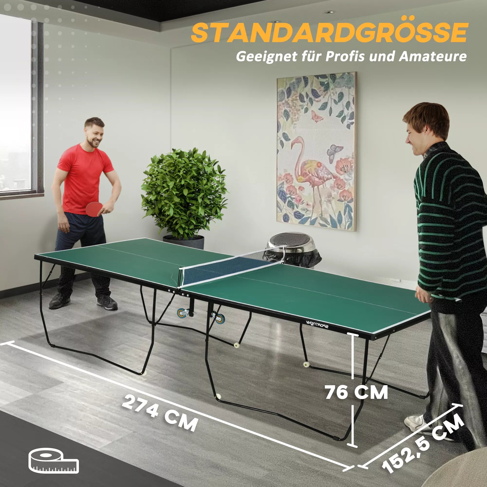 Stalo teniso stalas Stalo teniso rinkinys, sulankstomas, 8 ratukai, su raketėmis ir kamuoliukais, 274 cm x 152,5 cm x 76 cm, žalias