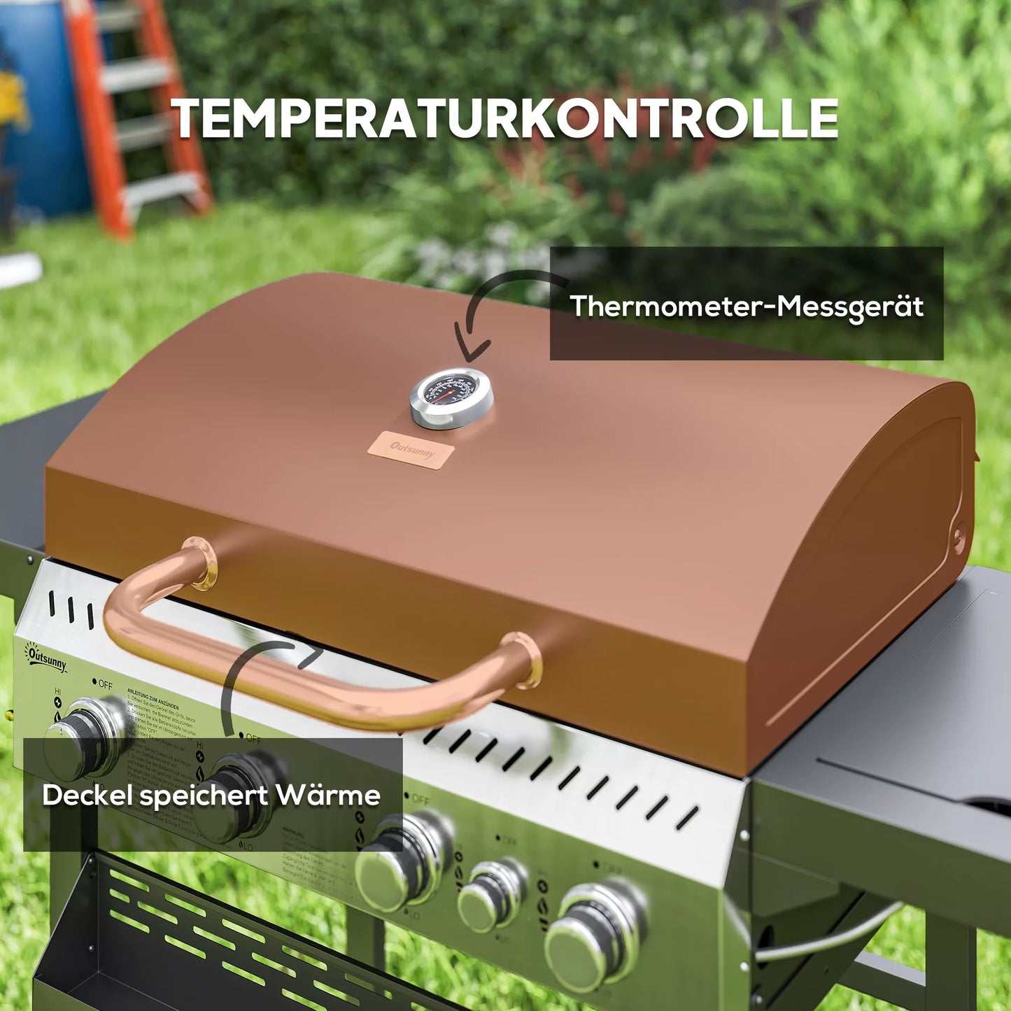 Dujinė kepsninė, BBQ kepsninė, 4 pagrindiniai degikliai, 1 šoninis degiklis, 1 pašildymo plokštelė; 135 x 55 x 103 cm, Juoda