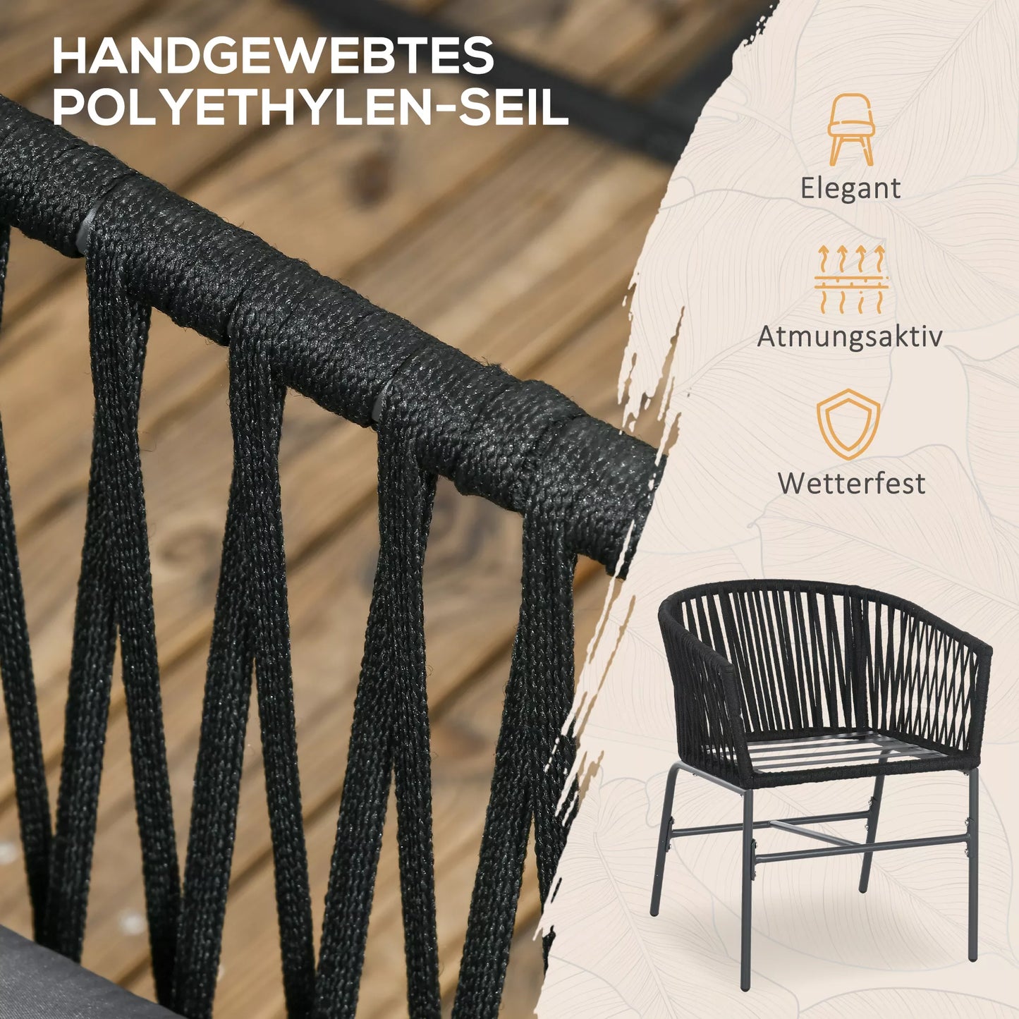 Lauko kėdės, 2 vnt. komplektas, Boho dizaino, su sėdynės ir atlošo pagalvėlėmis, patogia sėdimąja dalimi, metaliniu rėmu, juodos.