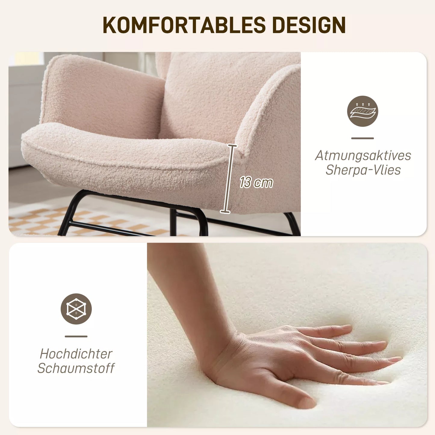 Sūpynės kėdė su pufu, minkštu fliso apmušalu, medinėmis kojomis, pagalvėle, aukštu atlošu, sūpynės krėslas, smėlio spalvos