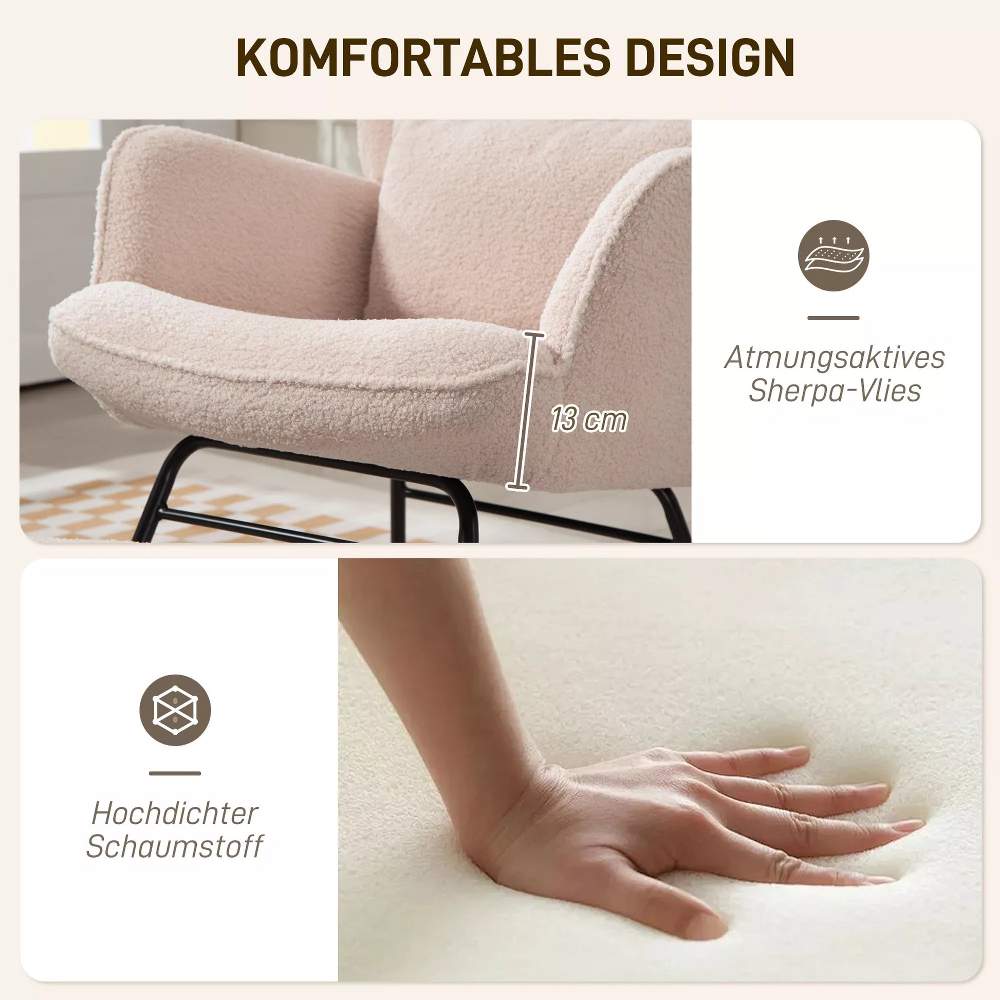 Sūpynės kėdė su pufu, minkštu fliso apmušalu, medinėmis kojomis, pagalvėle, aukštu atlošu, sūpynės krėslas, smėlio spalvos