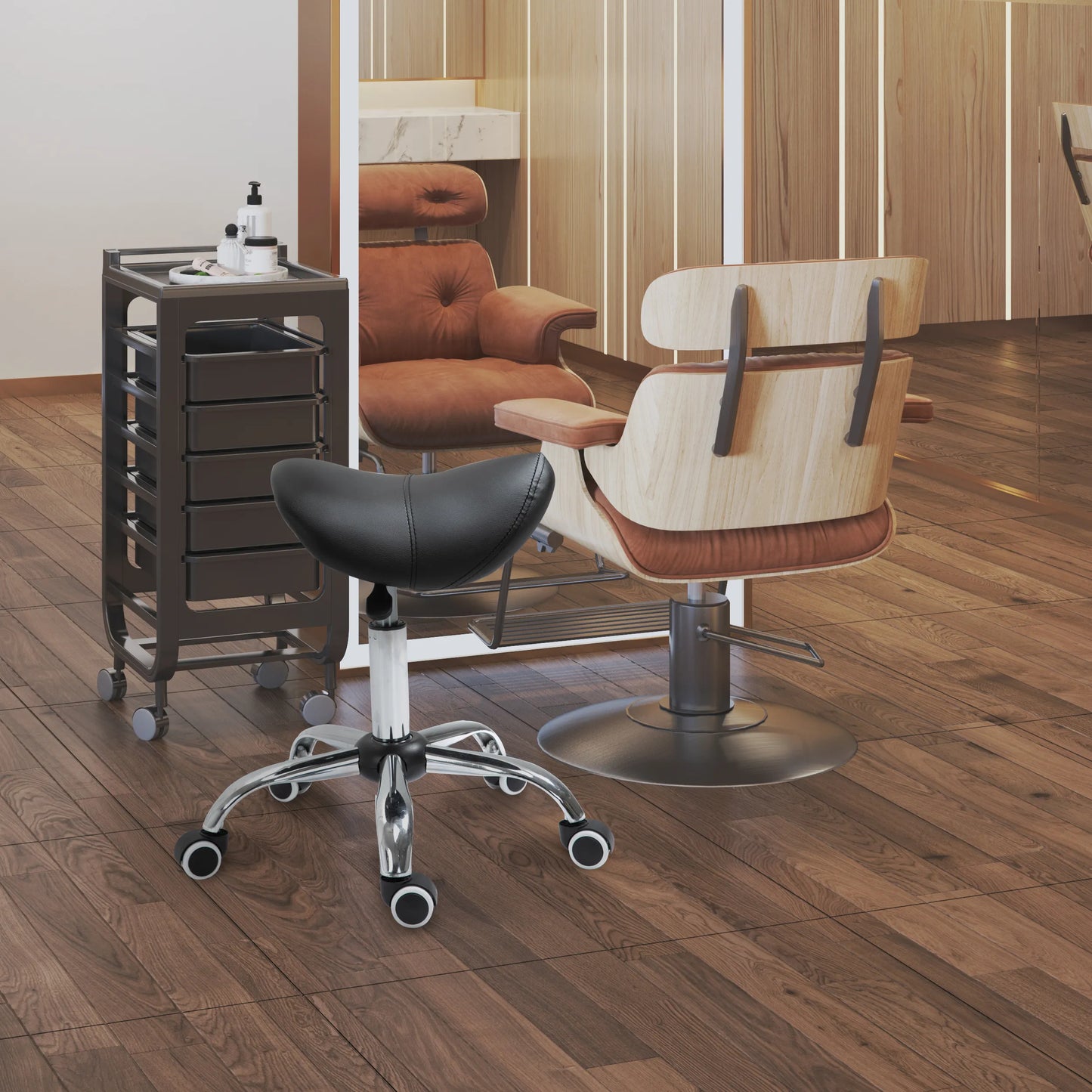 Reguliuojamo aukščio ratinė darbo kėdutė ant ratukų 49-61 cm, pasukama balninė kėdutė biurui, salonui, masažui, SPA, juoda