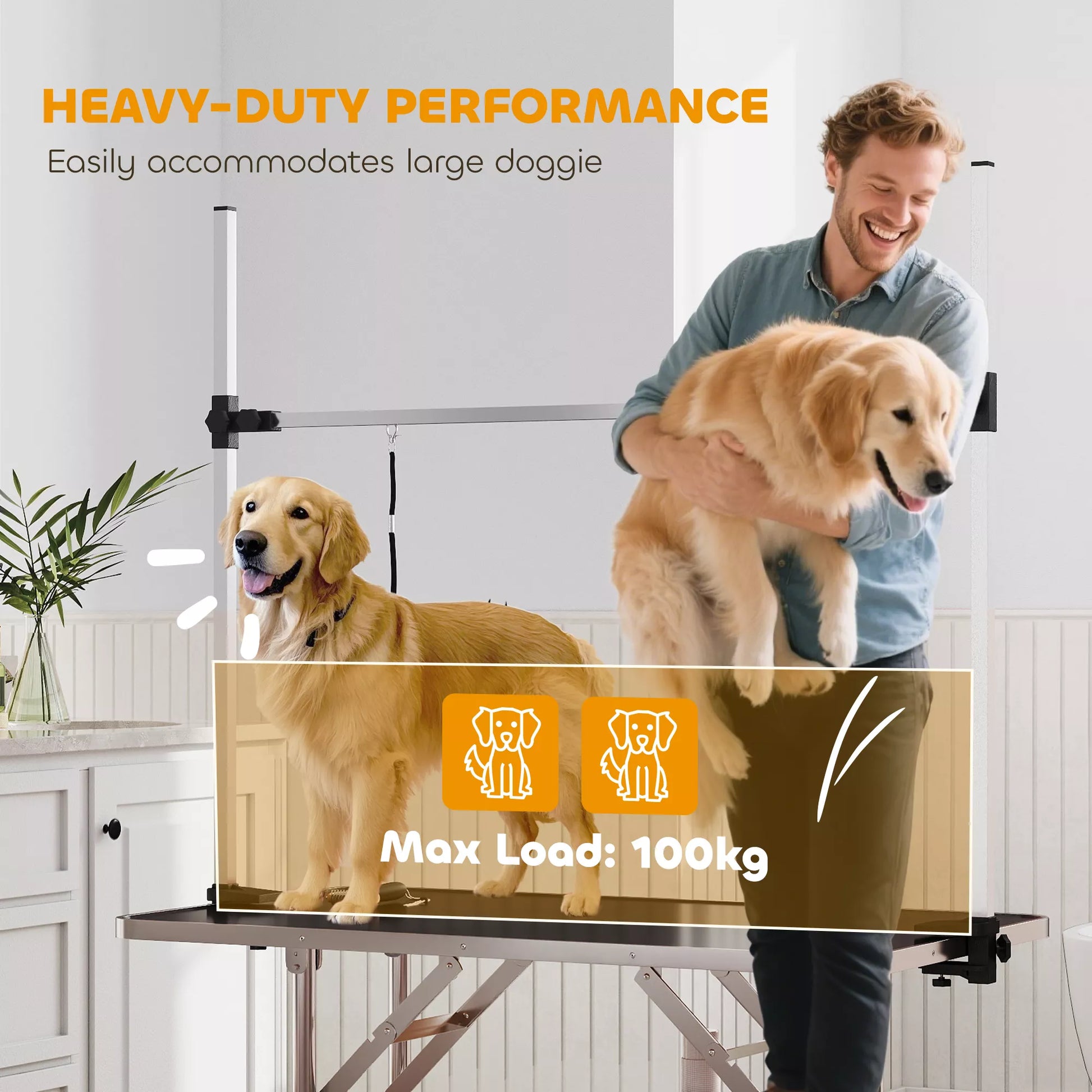 Reguliuojamo aukščio sulankstomas gyvūnų priežiūros stalas, šunų kirpimo stalas, su apatine lentyna, šunims ir katėms iki 100 kg, juodas