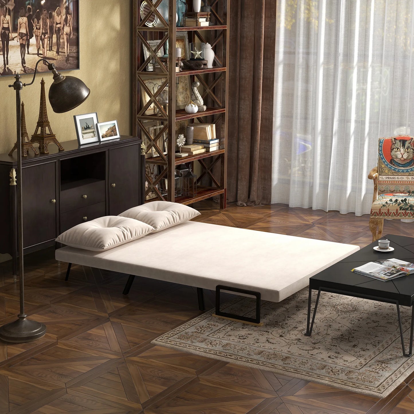 Miegamoji sofa 2 vietų sofa, veliūrinė sofa, su miegojimo funkcija, 2 pagalvėlės, veliūro išvaizda, natūrali + smėlio + juoda