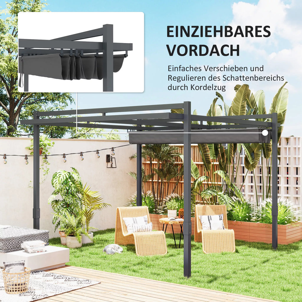 Pergola paviljonas, apie 3,5 x 3 m, aliuminis, stabilus, atsparus žiemos sąlygoms, saulės apsauga su reguliuojamu stumdomu stogu, pilkos spalvos