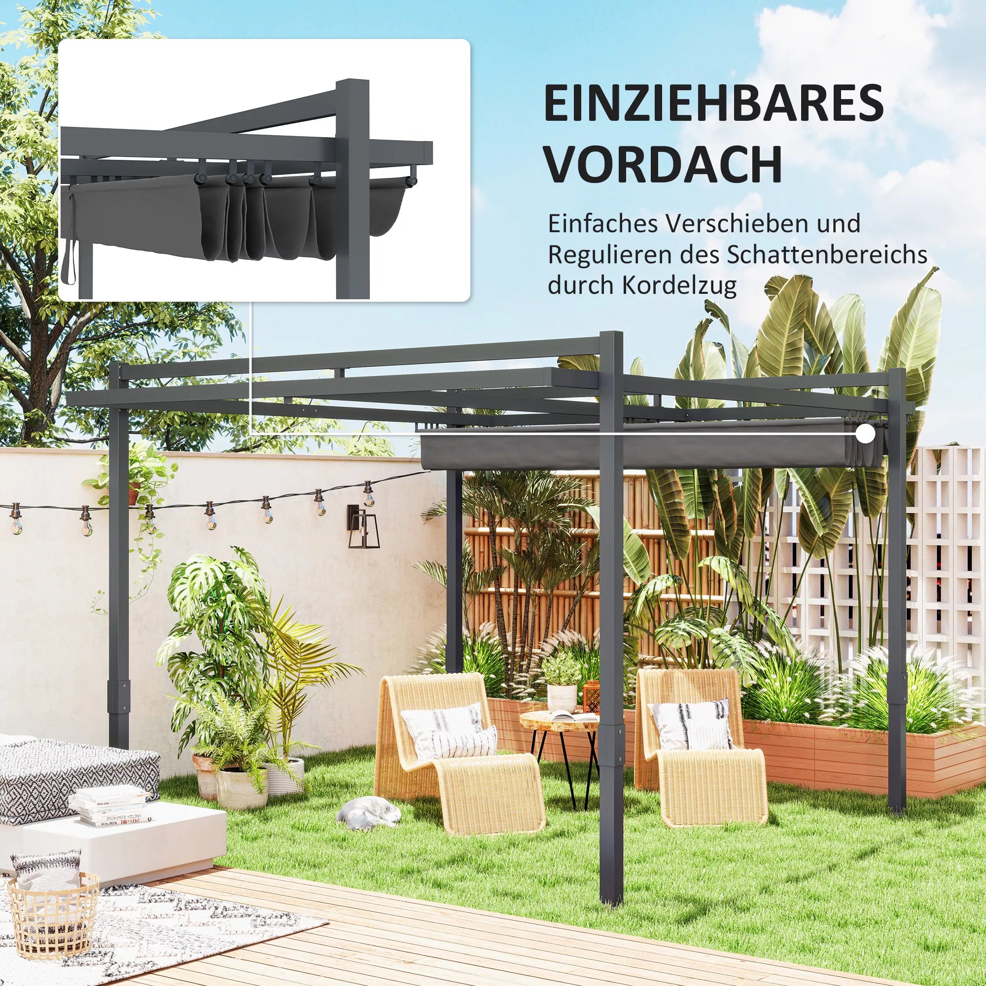 Pergola paviljonas, apie 3,5 x 3 m, aliuminis, stabilus, atsparus žiemos sąlygoms, saulės apsauga su reguliuojamu stumdomu stogu, pilkos spalvos