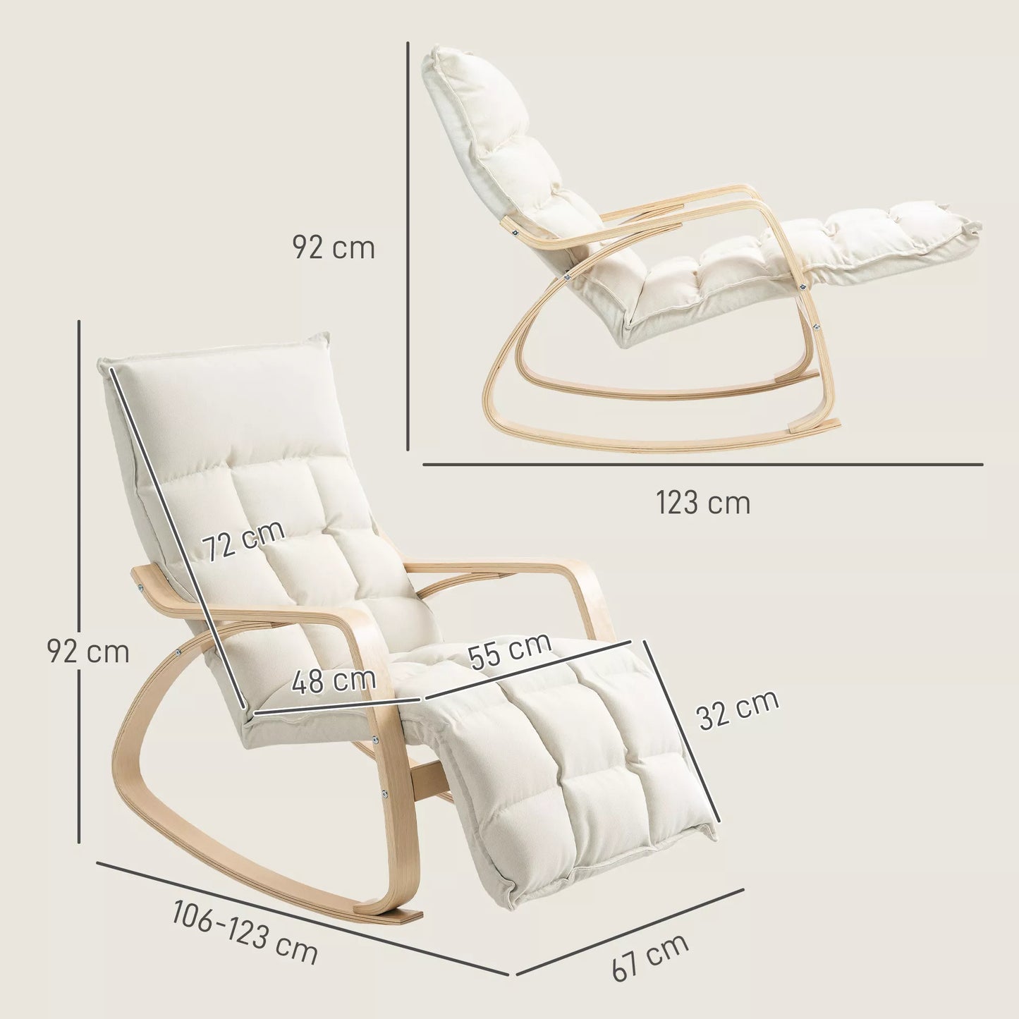 Paminkštintas supamasis krėslas, poilsio krėslas su porankiais ir plieniniu rėmu, tinkamas svetainei, miegamajam, kreminės baltos spalvos