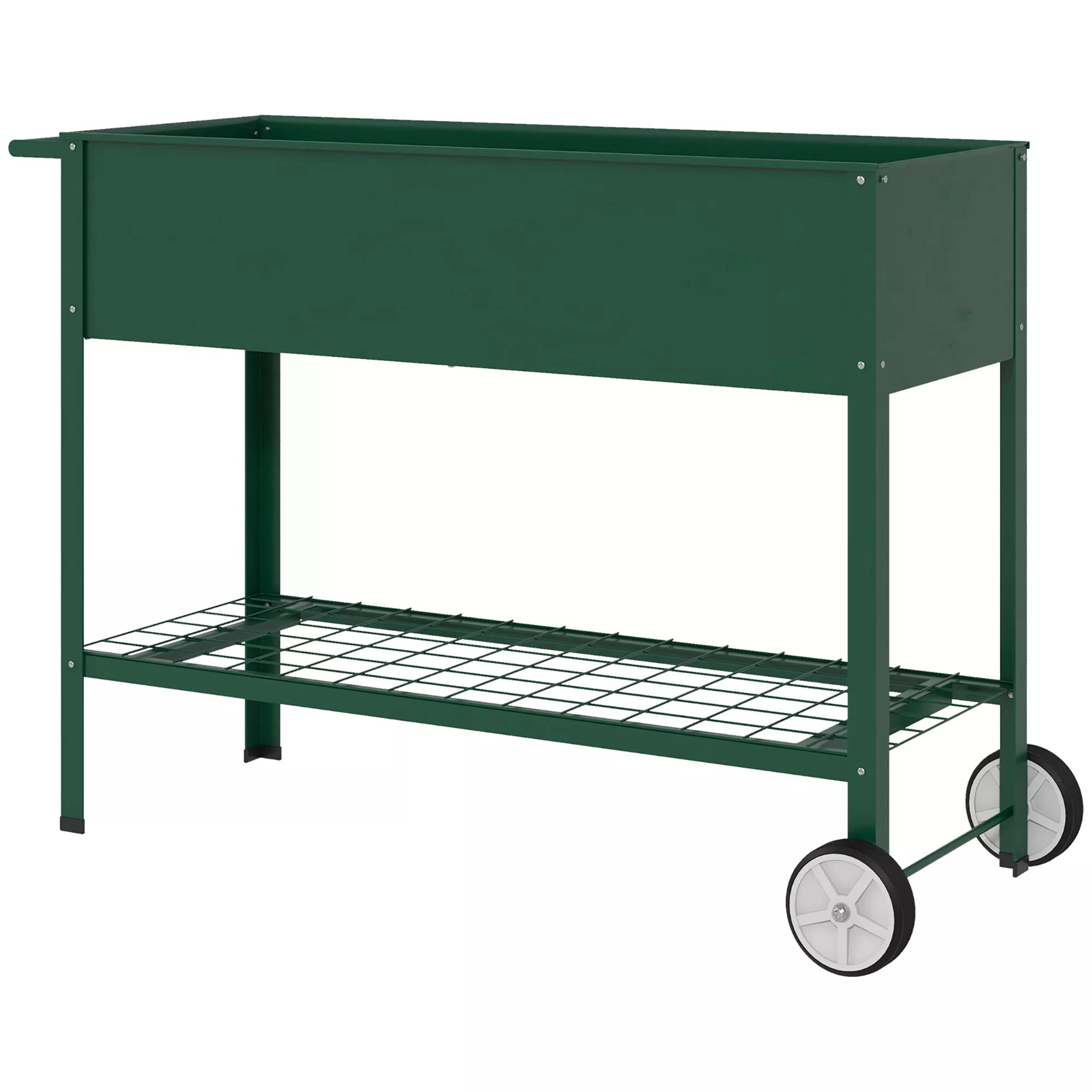 Mobili pakelta metalinė lysvė su ratukais ir lentyna, daržo sodinimo dėžė 109x44x80 cm žalia