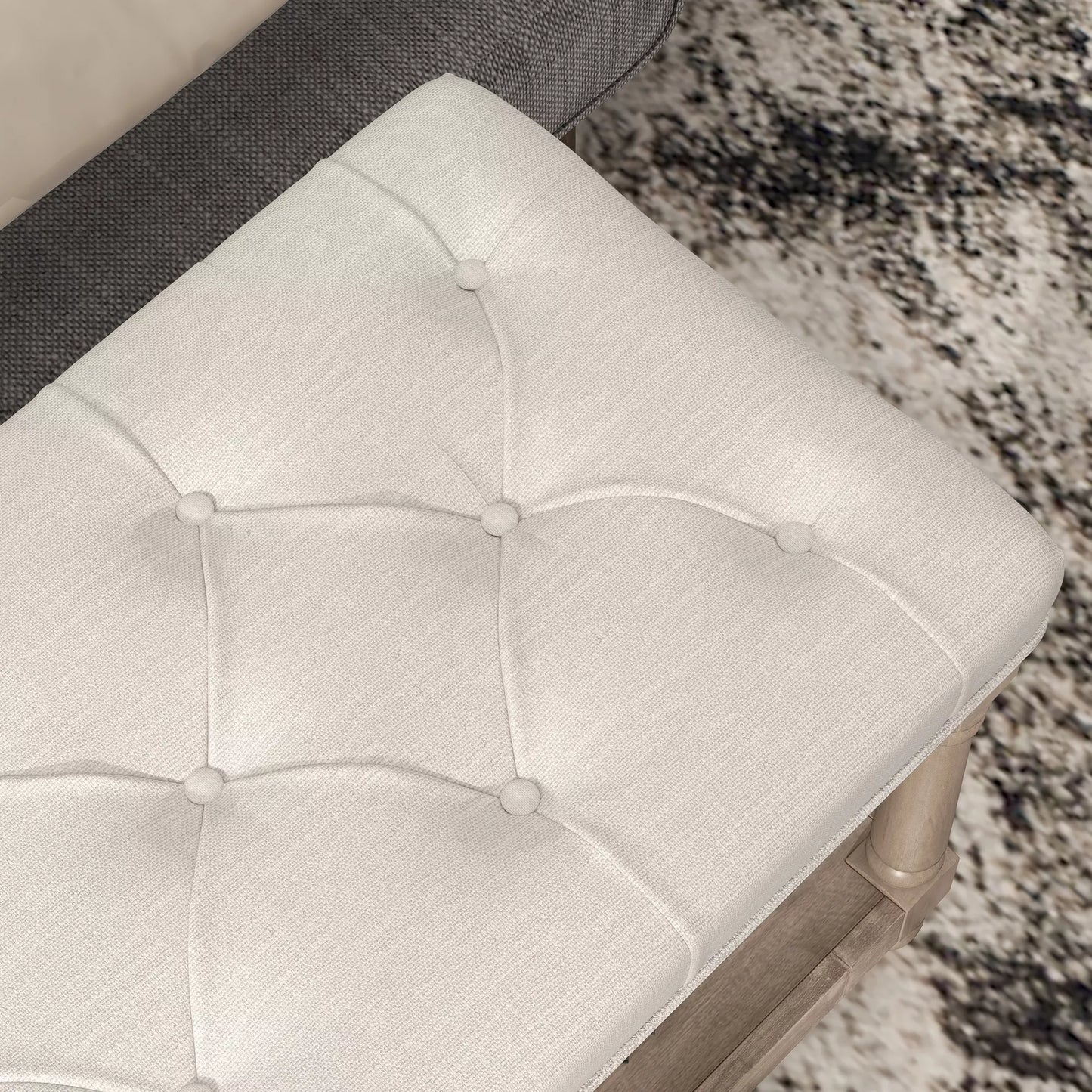 HOMCOM Suoliukas su daiktadėže, vintažinio dizaino, su sagčių apdaila, pagamintas iš kaučiukmedžio, 115x40x48cm, kreminės baltos spalvos