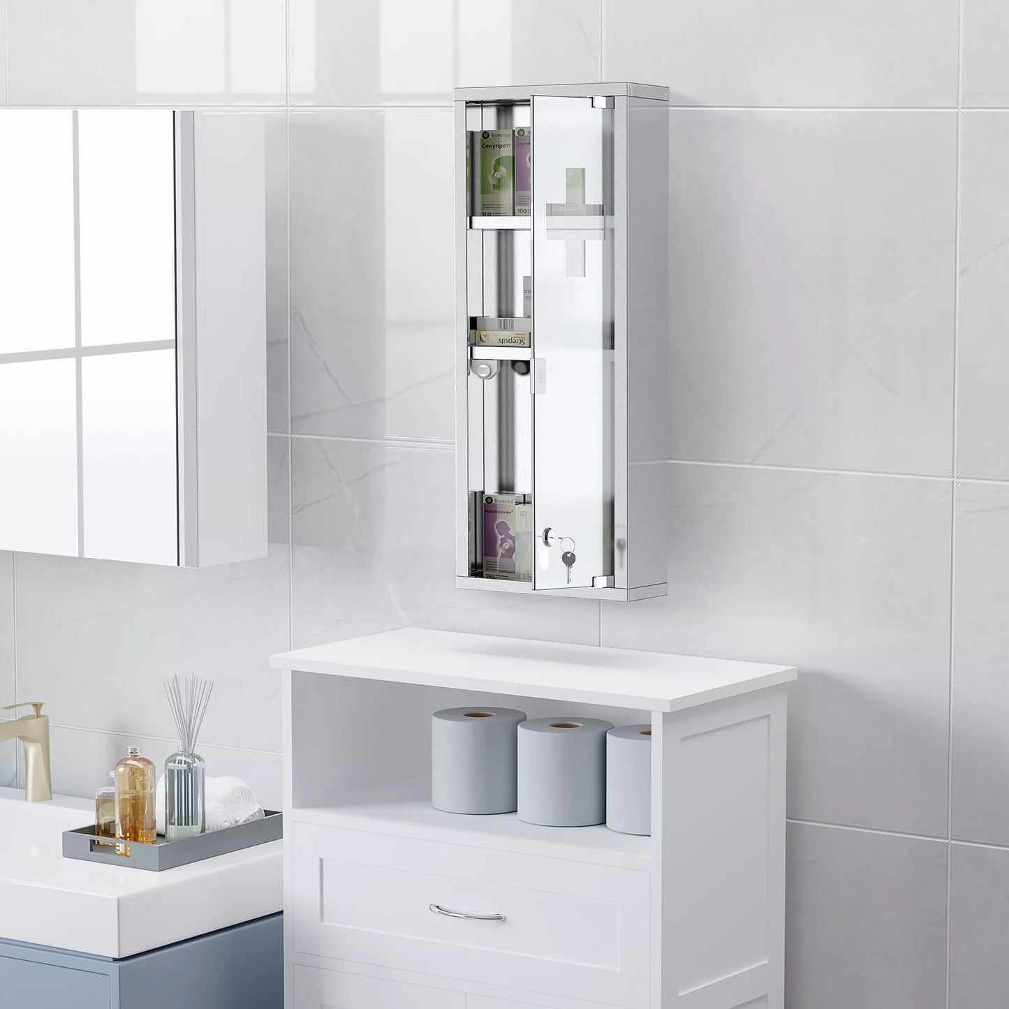 Nerūdijančio plieno vaistų spintelė su grūdinto stiklo durelėmis. Medikamentų laikymo spintelė, užrakinama, su 3 skyreliais, pirmosios pagalbos spintelė, 20 x 12 x 58 cm, sidabrinė