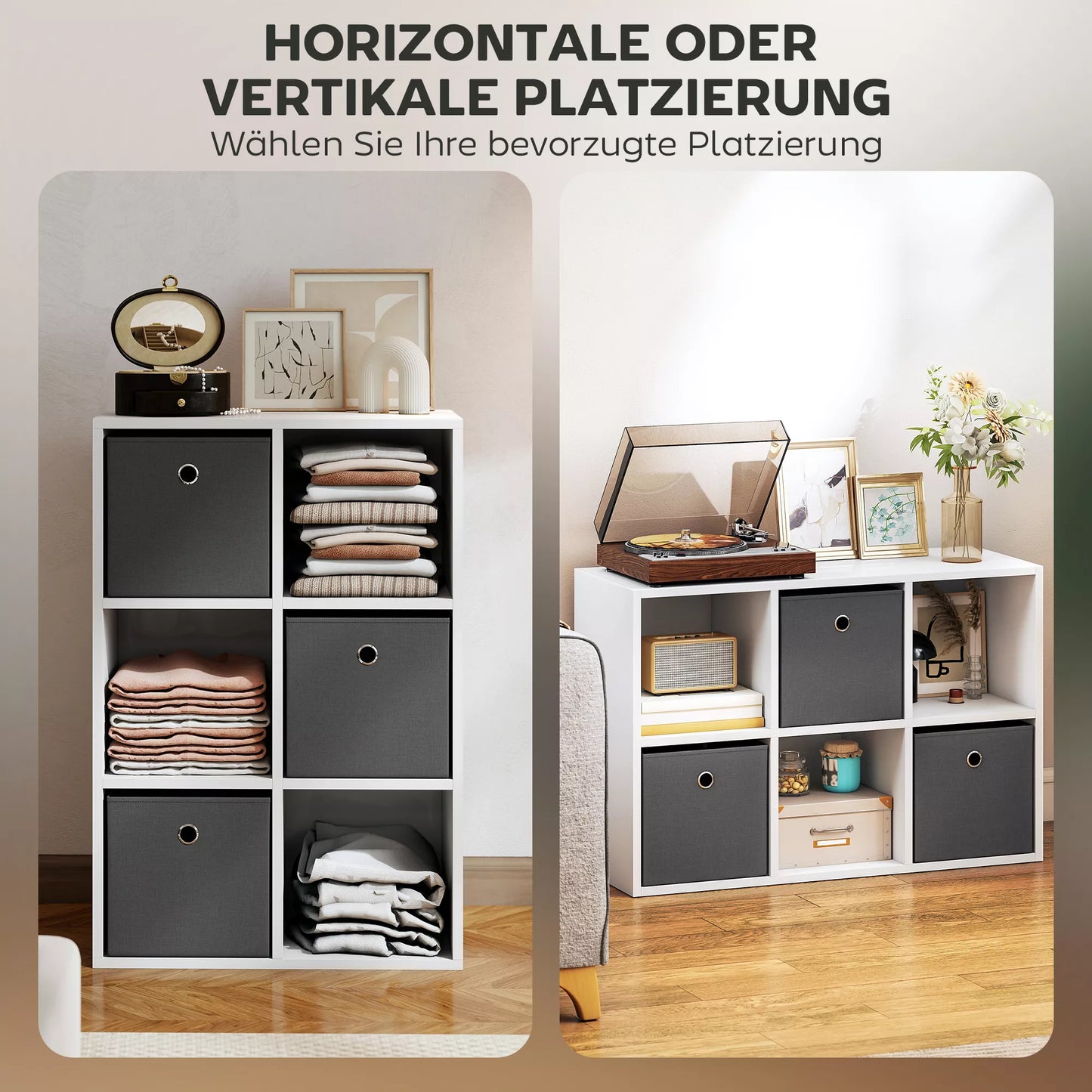 Lentynos su 6 skyreliais ir 3 audinio stalčiais, daiktų laikymo lentynos, universalios, pilkos spalvos