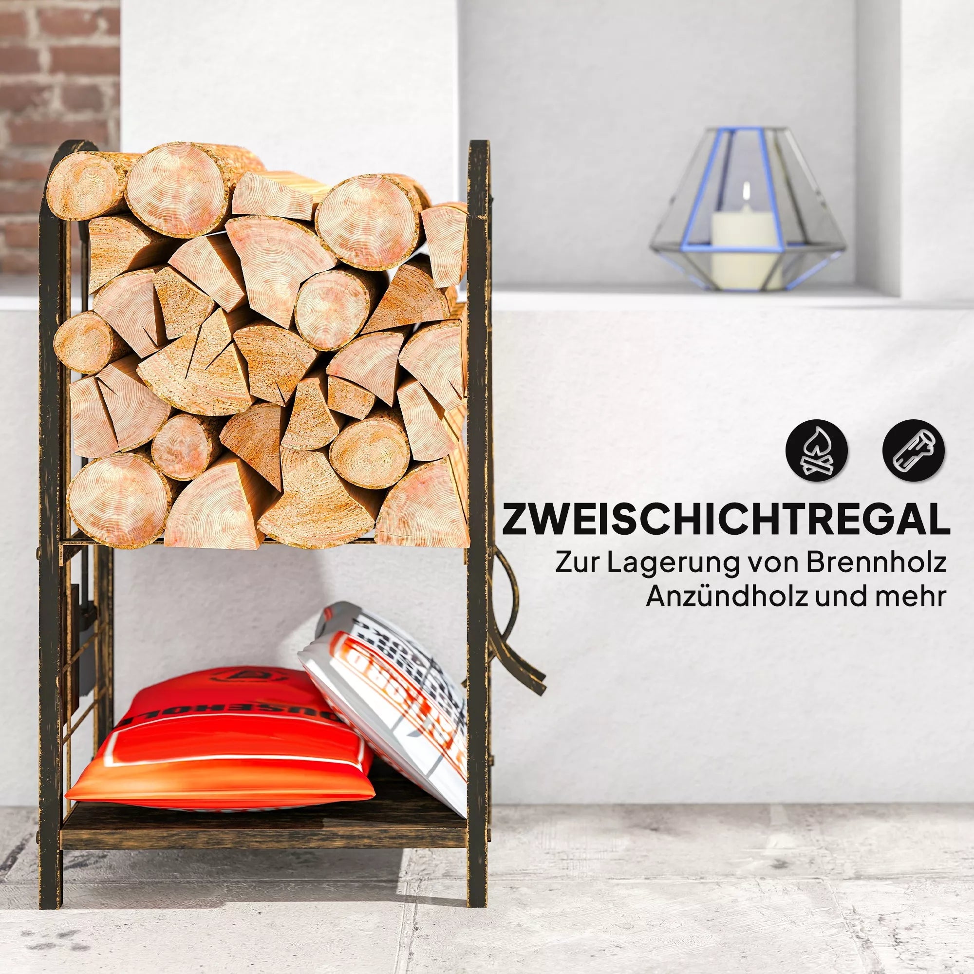 Kaminwood shelf for indoor use 43 x 30 x 74 cm 2-tier firewood shelf with 4 fireplace tools, hooks