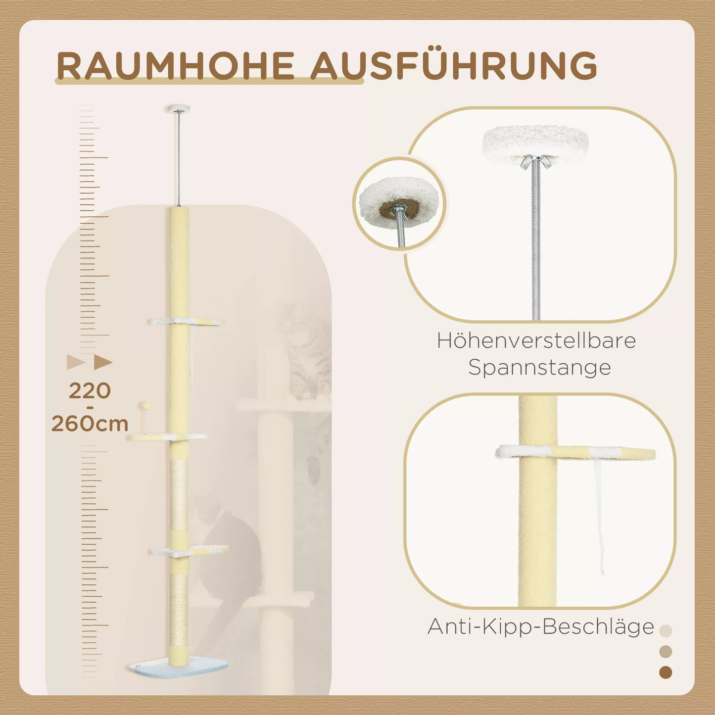 Aukščio reguliuojamas kačių namelis, neslystantis, su sizalio virve aptrauktais stulpeliais, 220–260 aukščio x 47 pločio x 34 gylio cm, geltonas/baltas/mėlynas