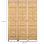 Trijų dalių bambukinės širmos matmenų schema: 120 cm plotis, 170 cm aukštis, 40 cm gylis