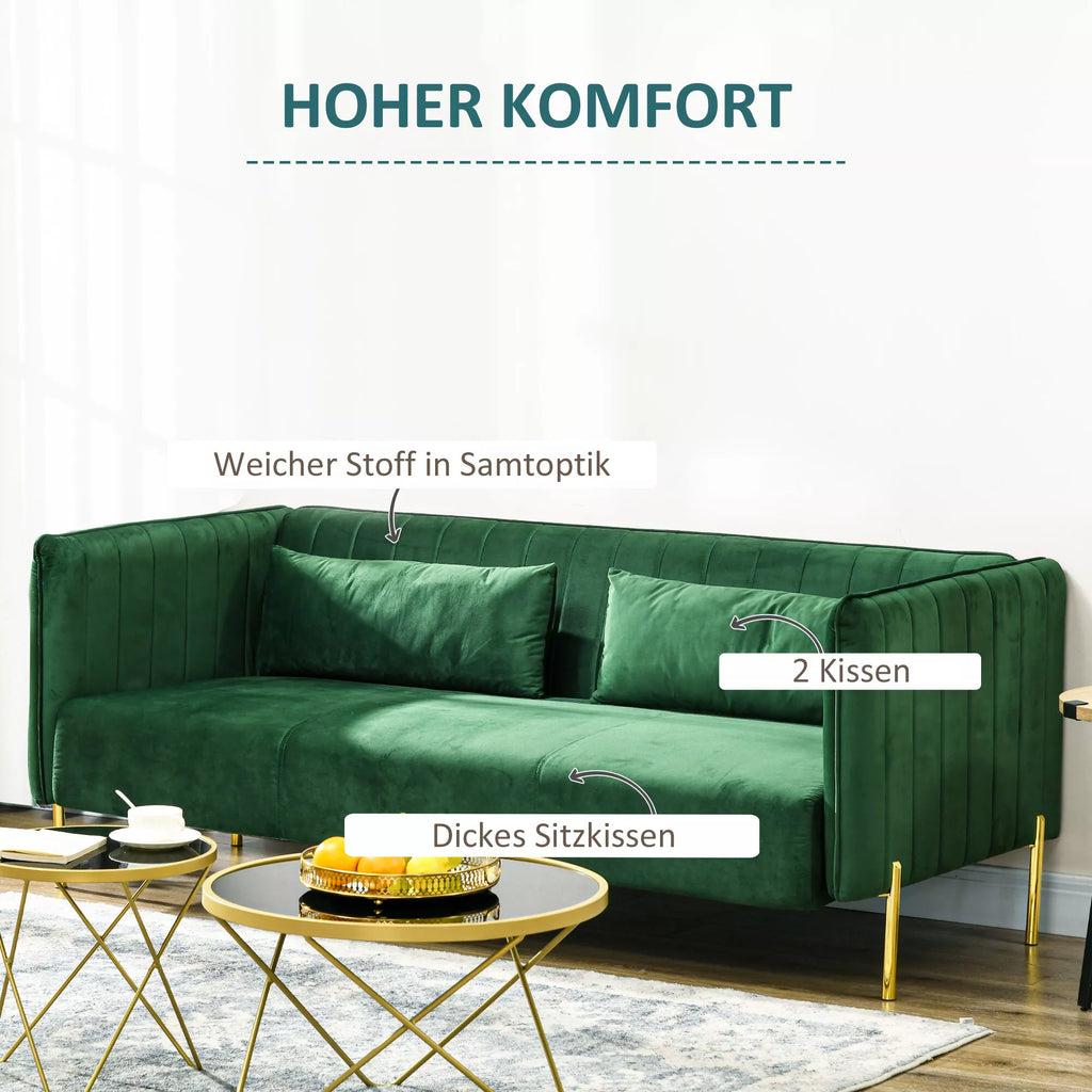 Trivietė sofa-lova, 2 pagalvėlės, aksominė išvaizda, retro dizainas, nuimamas užvalkalas, 195 cm x 88 cm x 76 cm, žalia