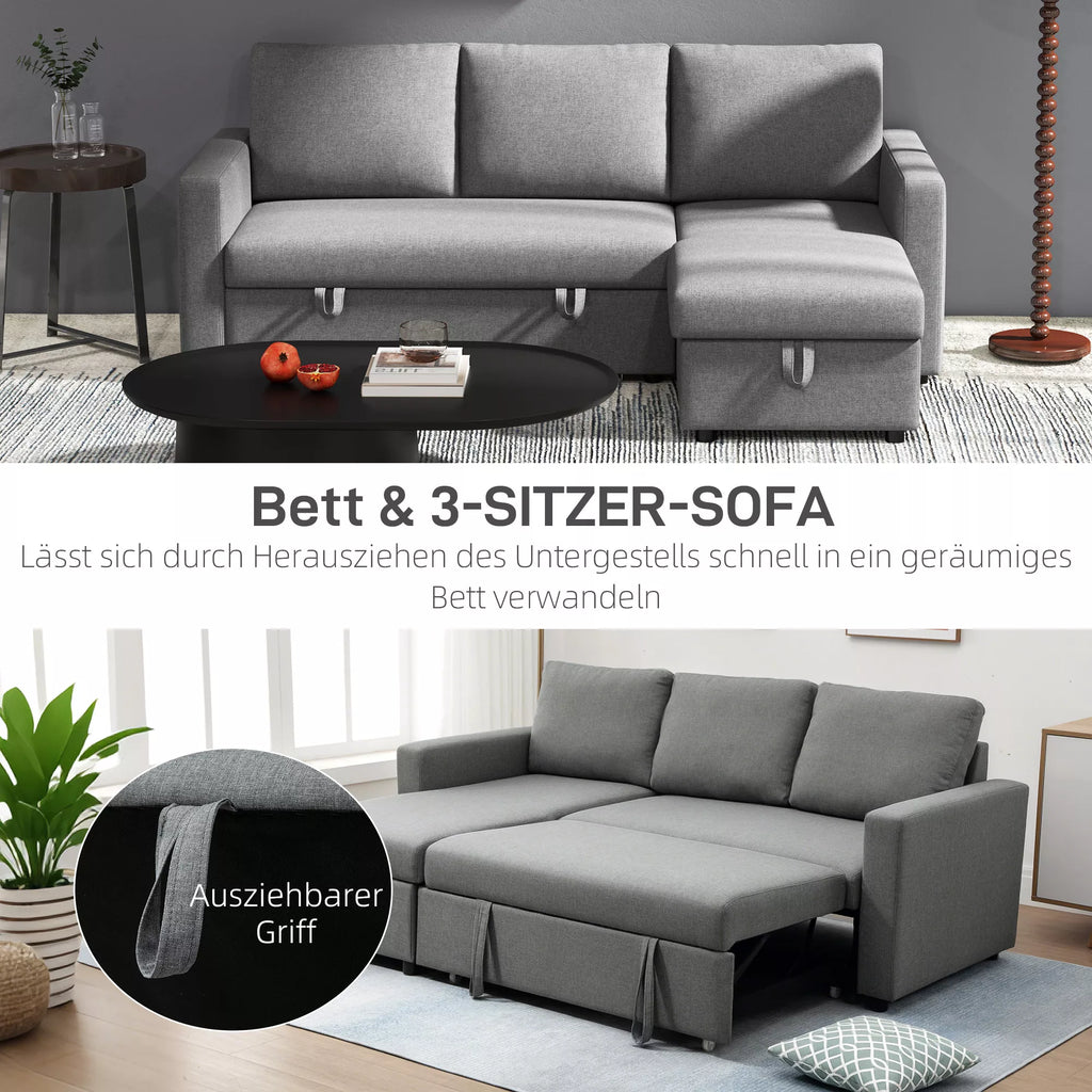 Kampinė sofa su miegojimo funkcija ir patalynės dėže, šviesiai pilka, 211,5 x 146 cm