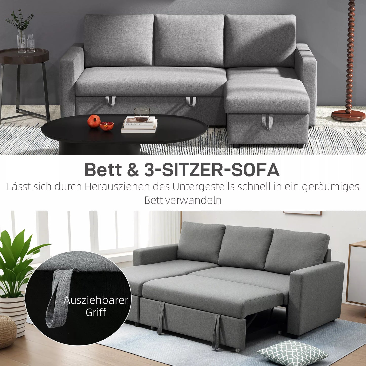 Kampinė sofa su miegojimo funkcija ir daiktadėže, kampinė sofa su patalynės dėže, čiažlongas, miegamoji sofa, audinio sofa, L formos, lininis paviršius, šviesiai pilka, 211,5 x 146 x 85 cm