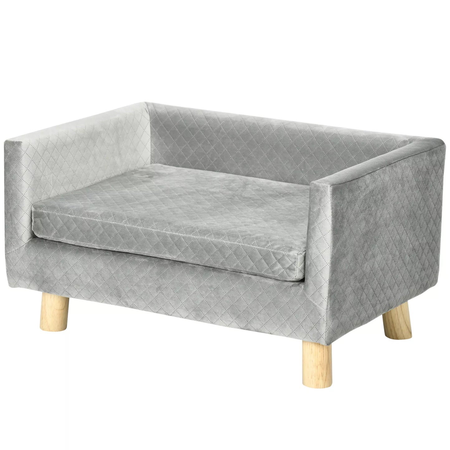Šunų sofa su medinėmis kojelėmis, šunų lova, naminių gyvūnėlių sofa, šunų kilimėlis mažam šuniui iki 8 kg, aksominio lietimo, pilka, 64 x 45 x 36 cm