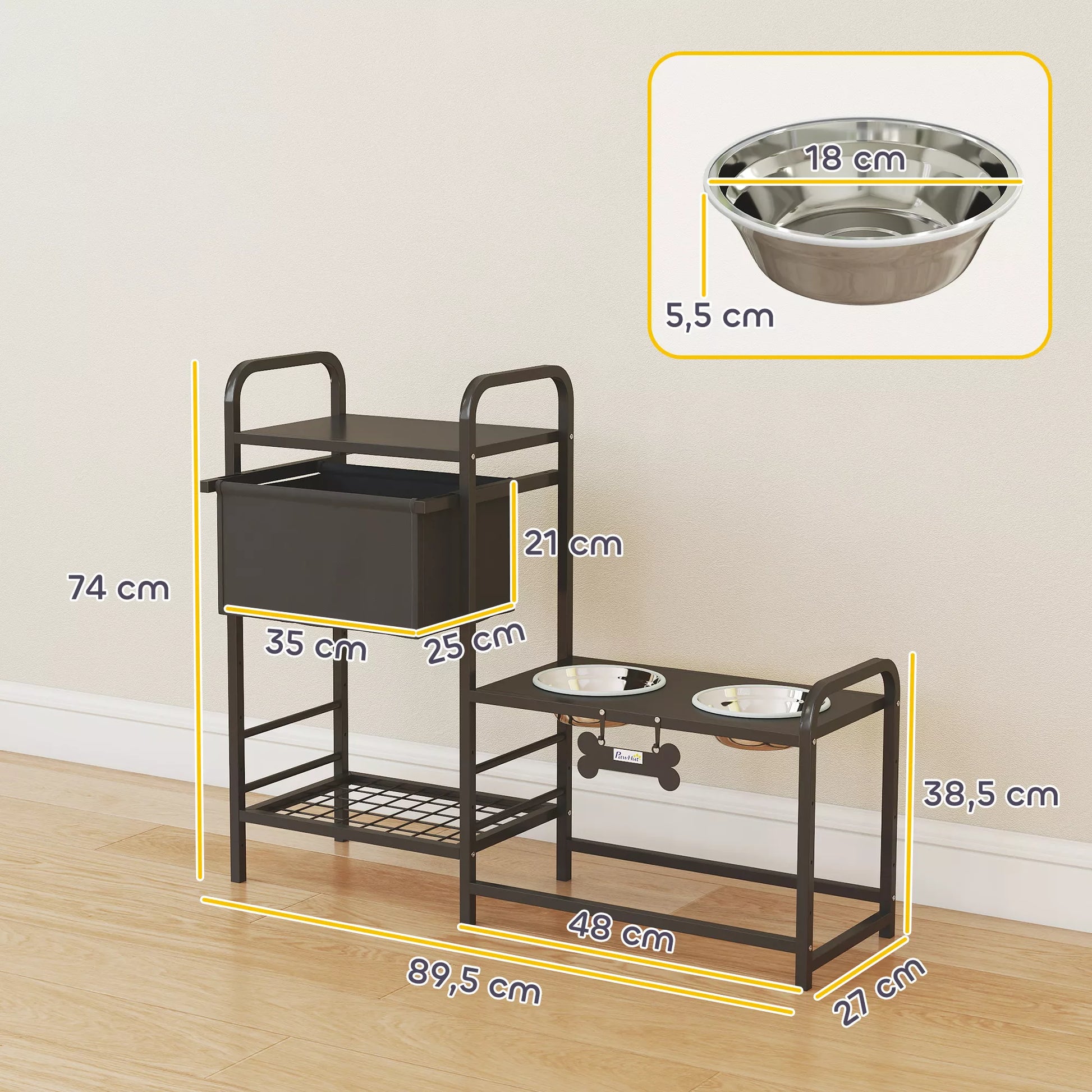 Padidintas šunų dubuo Reguliuojamo aukščio dubuo su saugojimo vieta Vandens dubuo 2 x 800 ml Nerūdijančio plieno dubuo 89,5 x 27 x 74 cm Juodas