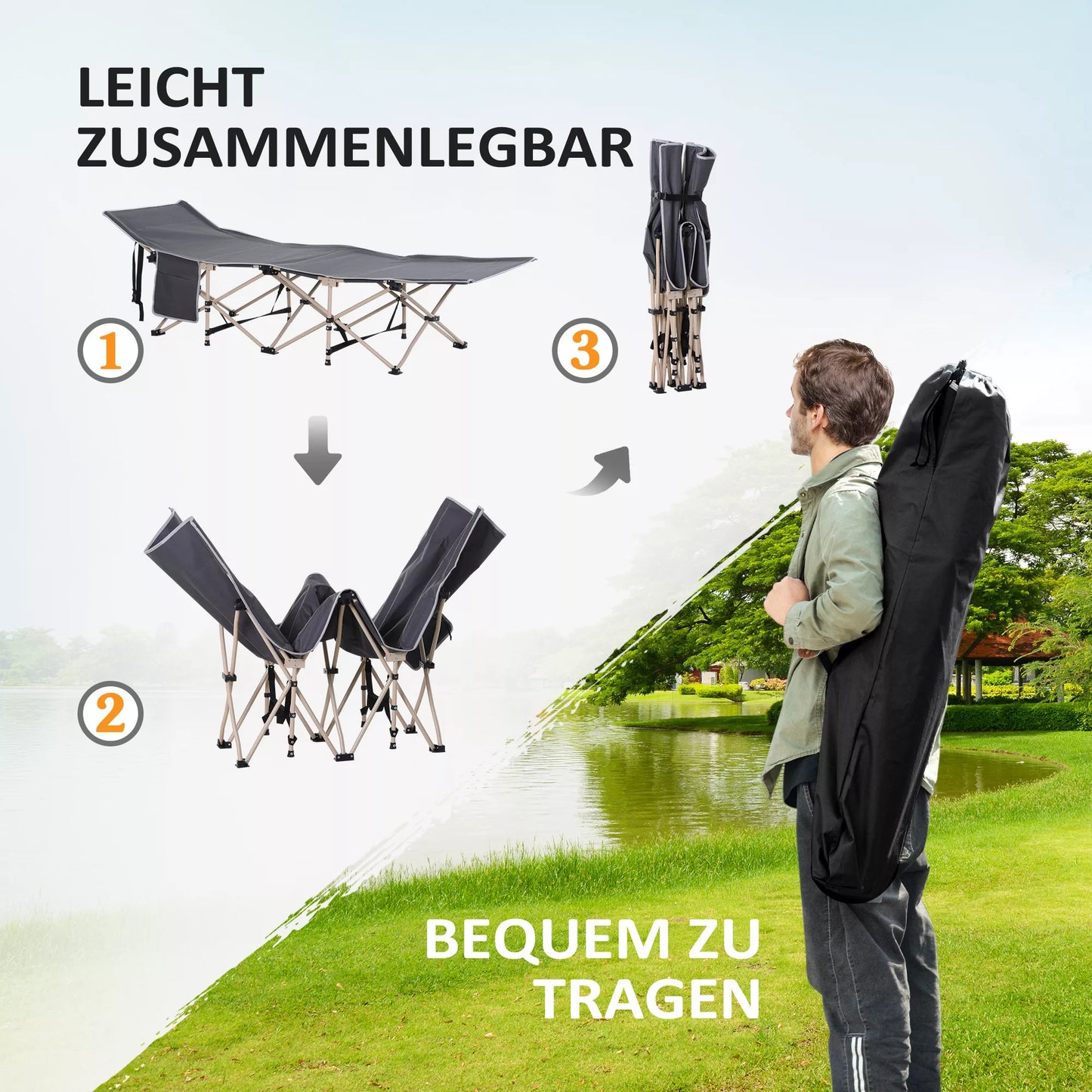 Sulankstoma lauko lova, atspari oro sąlygoms, su nešiojimo taše, 190 x 68 x 52 cm, Pilka