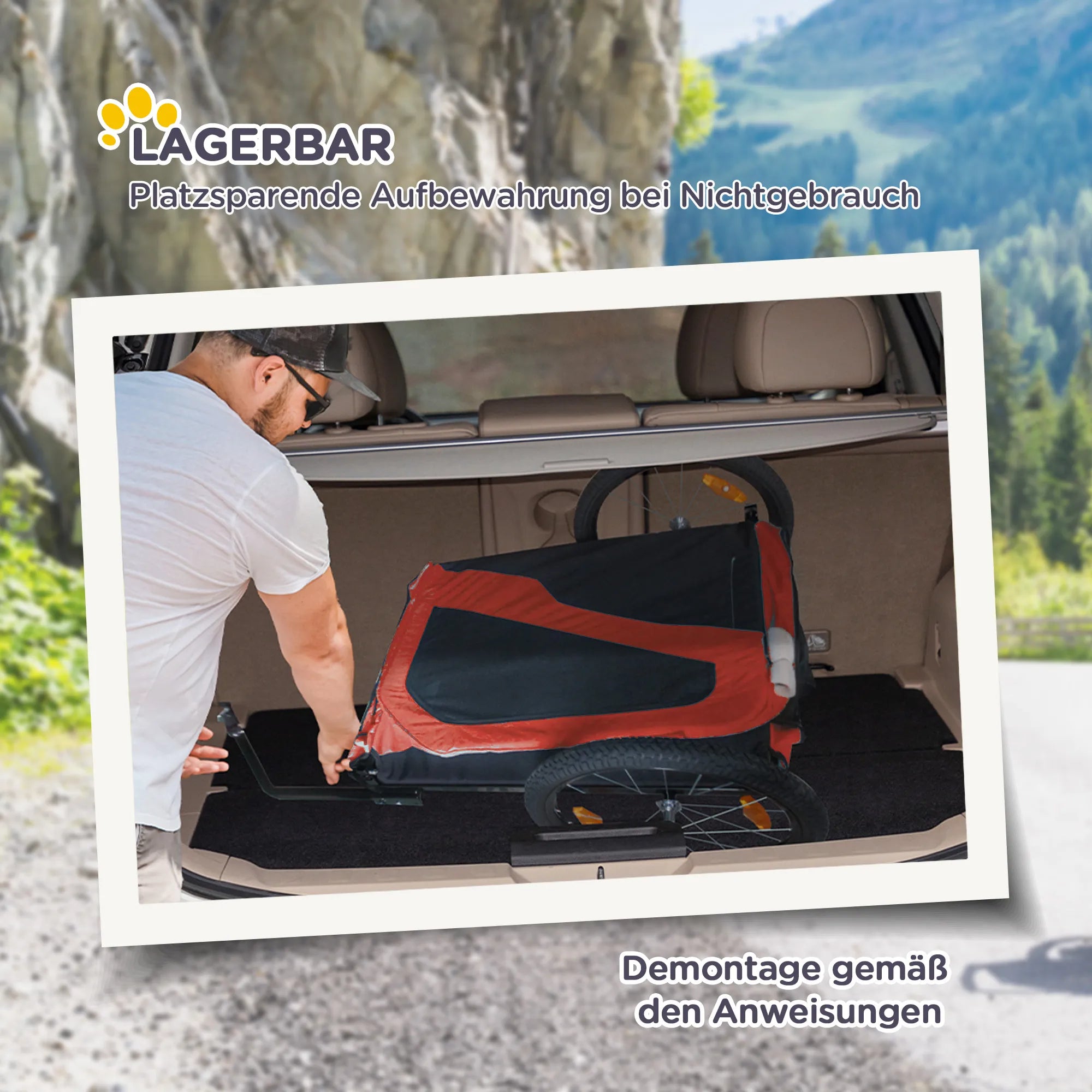 2-in-1 šunų vežimėlis, skirtas šunims iki 30 kg, sulankstomas ir lengvai laikomas, su vairu, atrama kojoms, atšvaitais ir saugos vėliava, 170 cm x 77 cm x 90 cm, raudonas