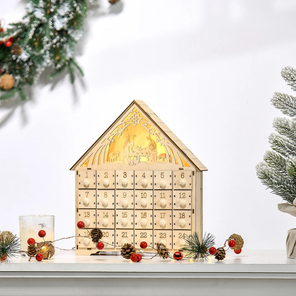 Advento kalendorius su LED apšvietimu, 24 stalčiukais, prakartėlės motyvu, 26,6 × 6 × 30 cm
