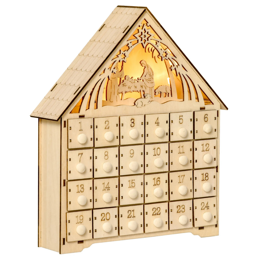 Advento kalendorius su LED apšvietimu, 24 stalčiukais, prakartėlės motyvu, 26,6 × 6 × 30 cm