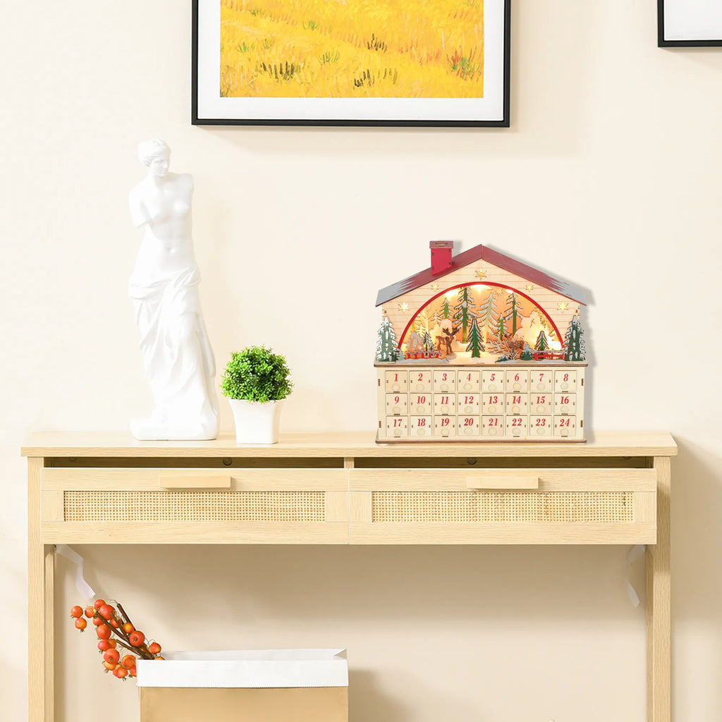 Advento kalendorius su LED lemputėmis, 24 stalčiai, medinis, 36 x 10 x 34 cm, natūralaus medžio spalvos