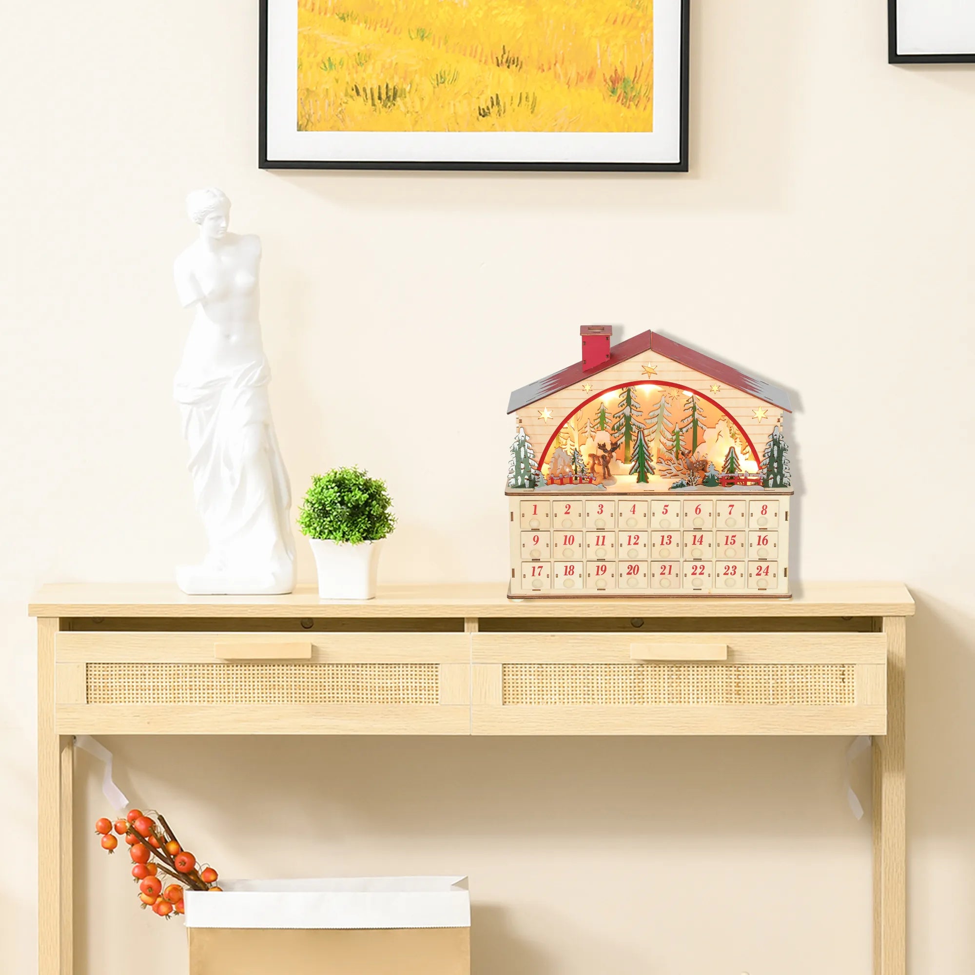 Advento kalendorius su LED lemputėmis, 24 stalčiai, medinis, 36 x 10 x 34 cm, natūralaus medžio spalvos