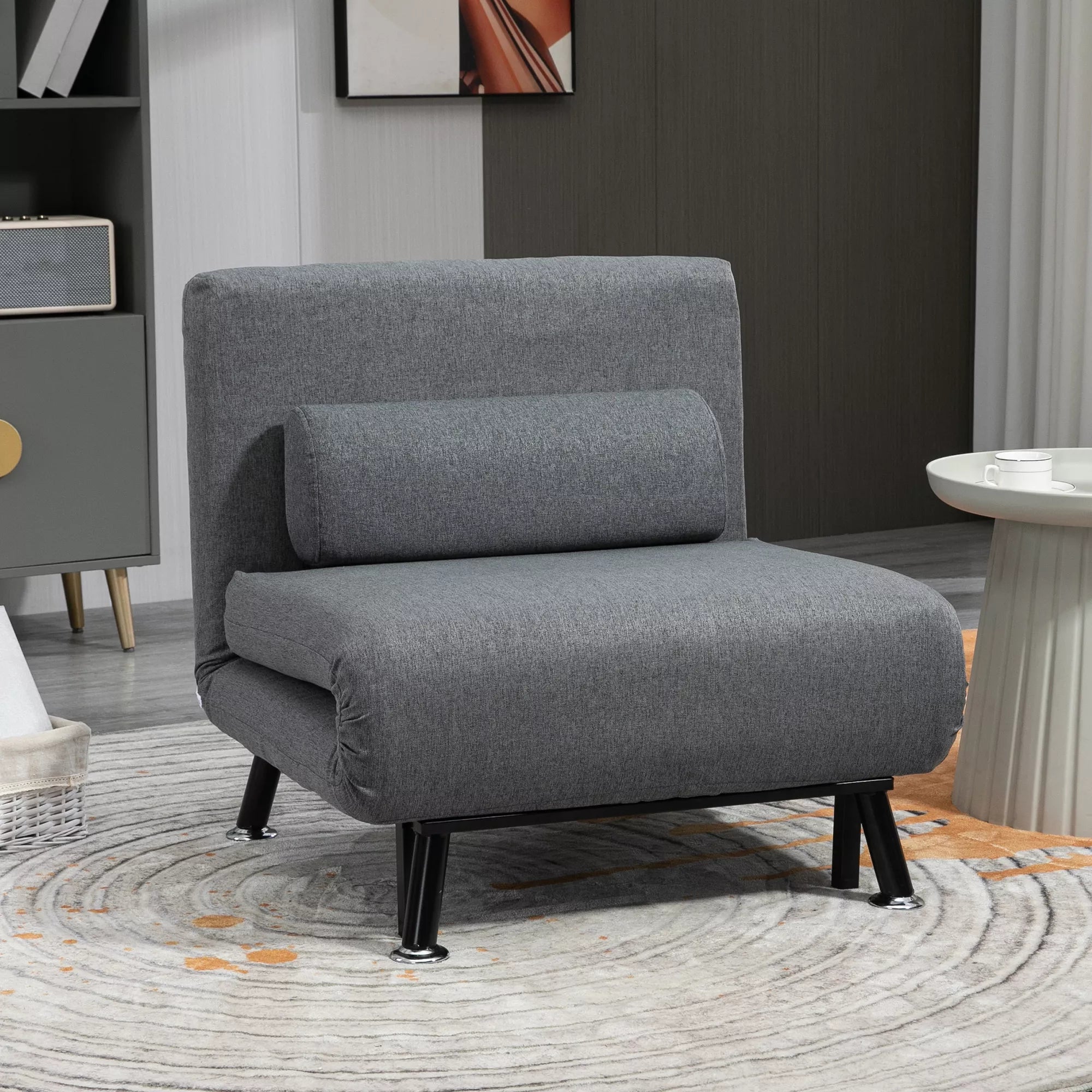 Tamsiai pilka aksominė sofa-lova-krėslas su pagalve