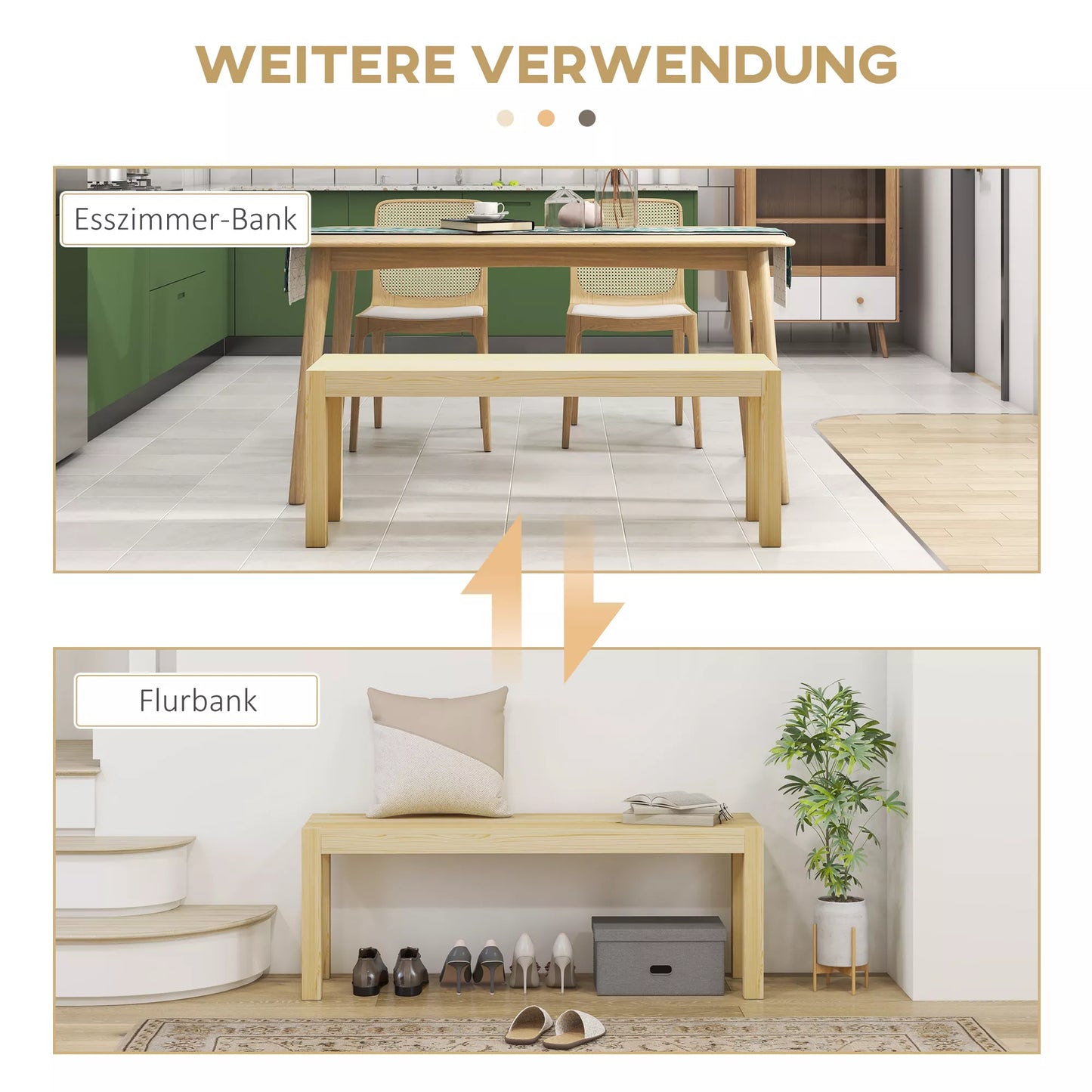 Medinis suolas virtuvei, 3 vietų, 120 cm x 33 cm x 45 cm, natūralaus medžio masyvo, natūralios spalvos