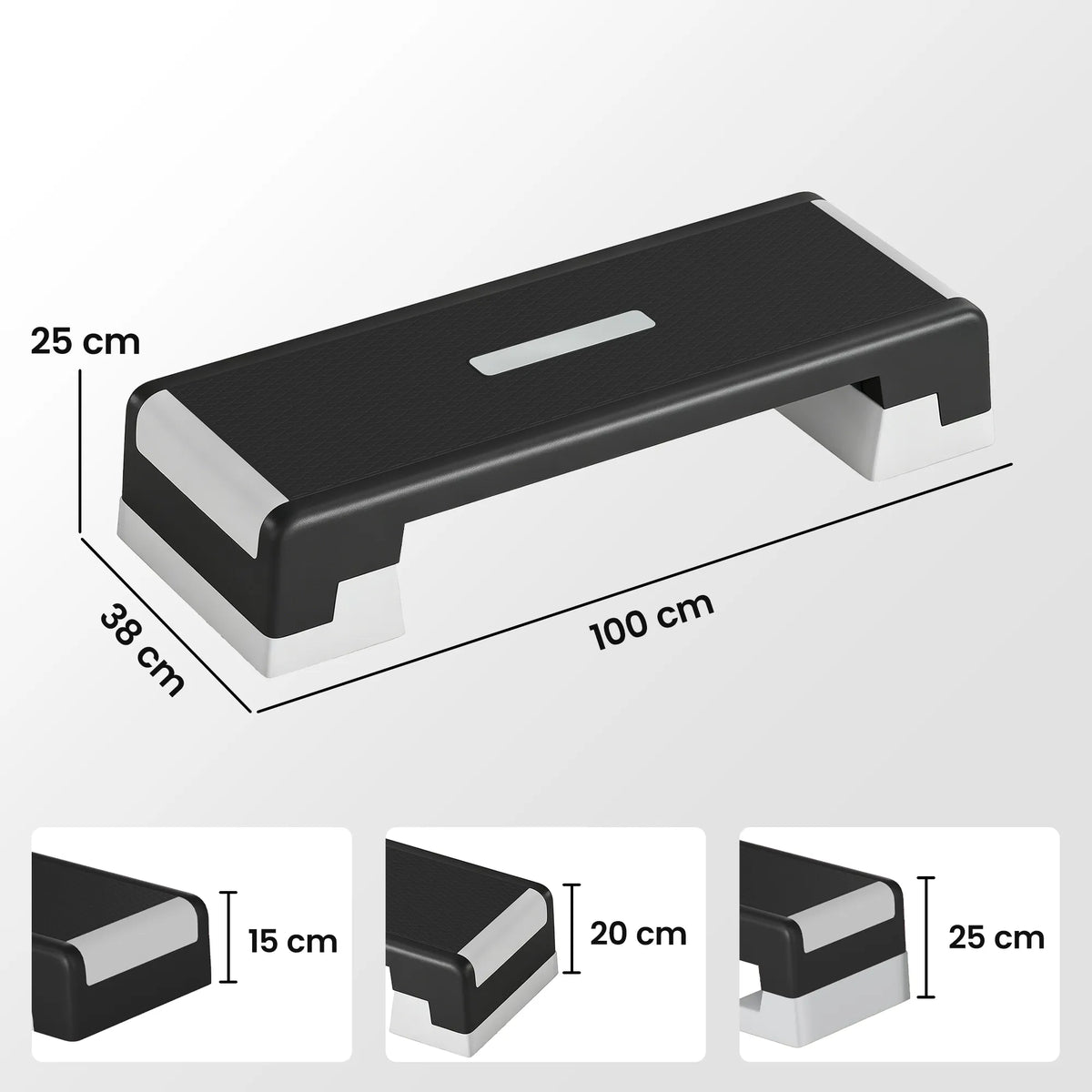 Platformos matmenų schema: 100x38x25 cm su trimis aukščio pakopomis
