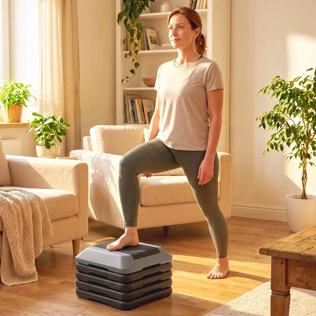 Aerobikos step platforma, reguliuojamo 10–30 cm aukščio, 5 padėtys, iki 150 kg, pilka