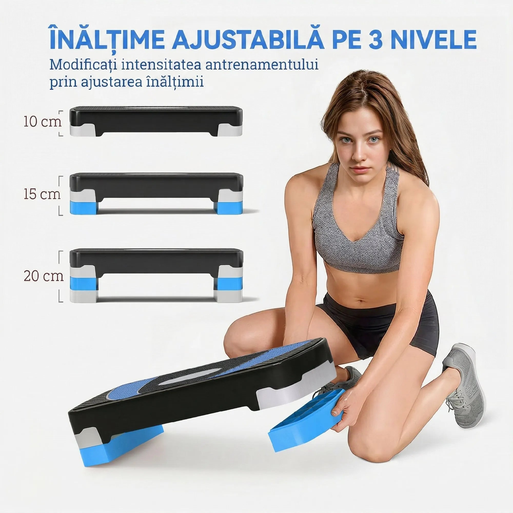 Aerobikos steperis, 3 pakopų aukščio reguliavimas, 80 x 31 x 20 cm, juodas + šviesiai mėlynas + pilkas
