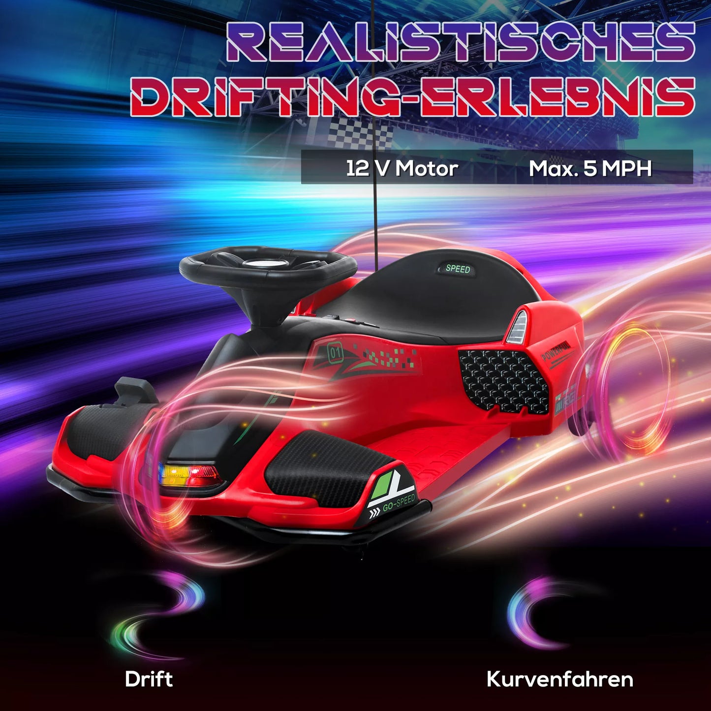 Elektrinis kartingas vaikams, guminiai ratai, 3-8 km/h, su šviesomis ir muzikos funkcija, raudonas