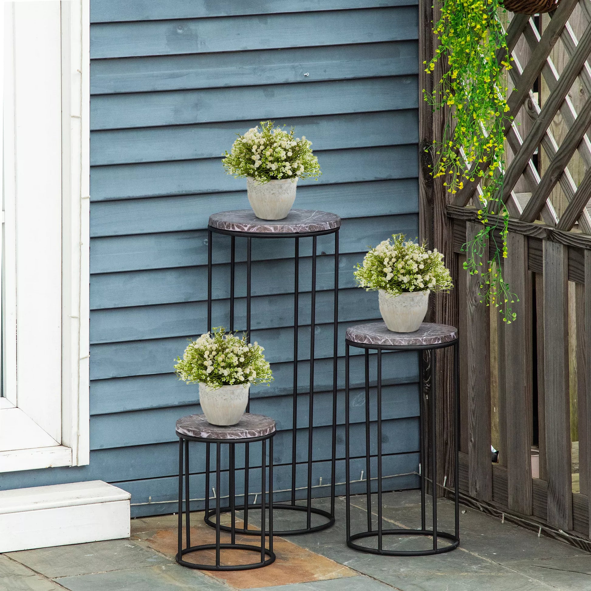 Gėlių stovas, 3 vnt. komplektas, metalinis, augalų stovas, marmuro imitacijos, gėlių staliukas, vazonų laikiklis, sukraunamas, augalų staliukas, vazonui, juodas+pilkas