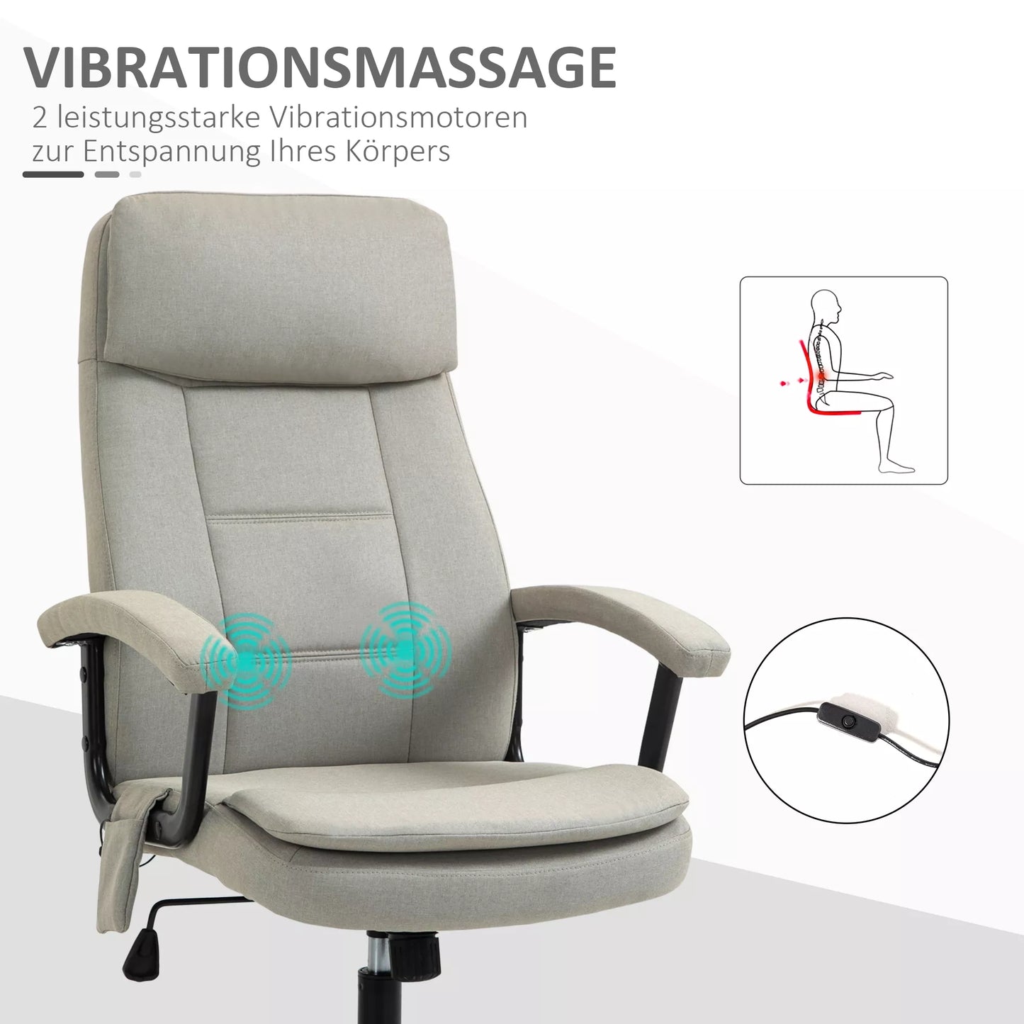 Biuro kėdė su masažu Vinsetto, aukščio reguliavimo, vadovo kėdė, žaidimų kėdė su masažo funkcija, ergonomiškas sukamas krėslas su juosmens masažo funkcija, lininis įspūdis, smėlio spalvos, 63 x 70 x 112-121 cm