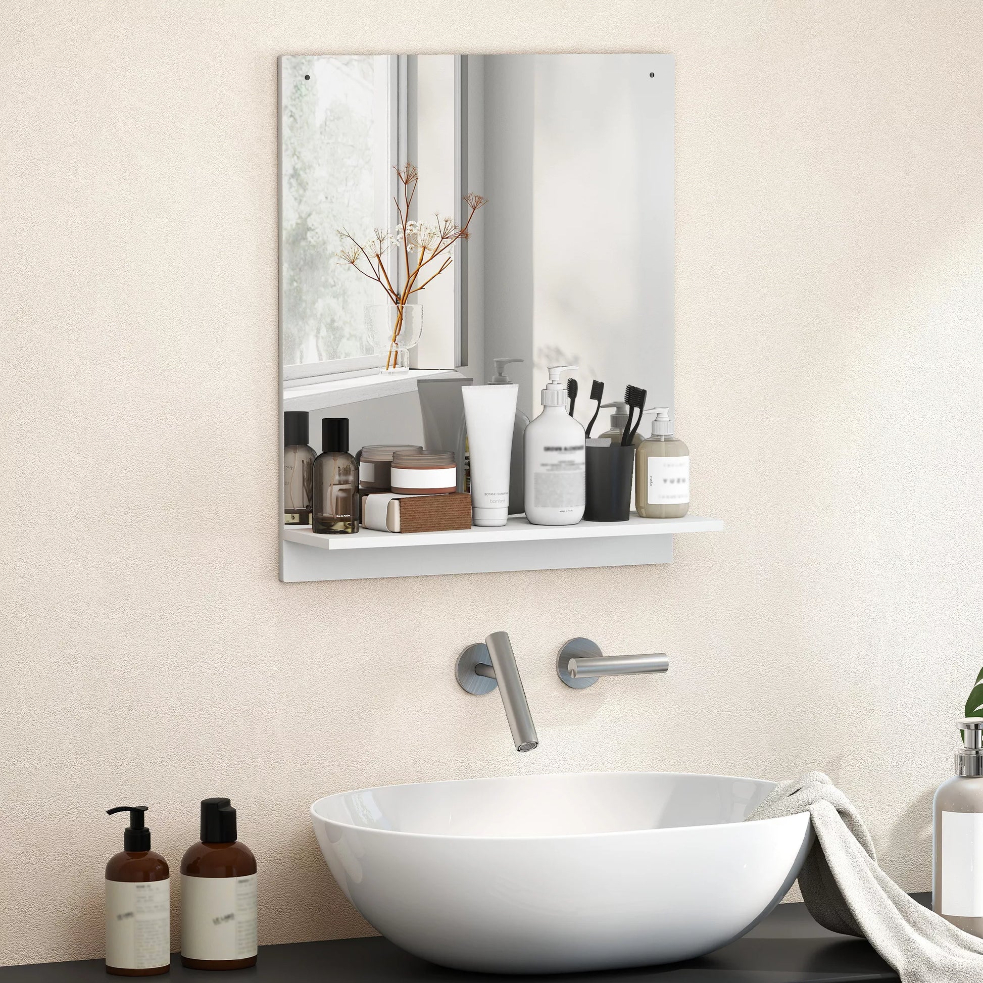 Vonios veidrodis 50 x 60 cm Sieninis veidrodis su lentynėle, vonios veidrodis prieškambariui, koridoriui, baltas