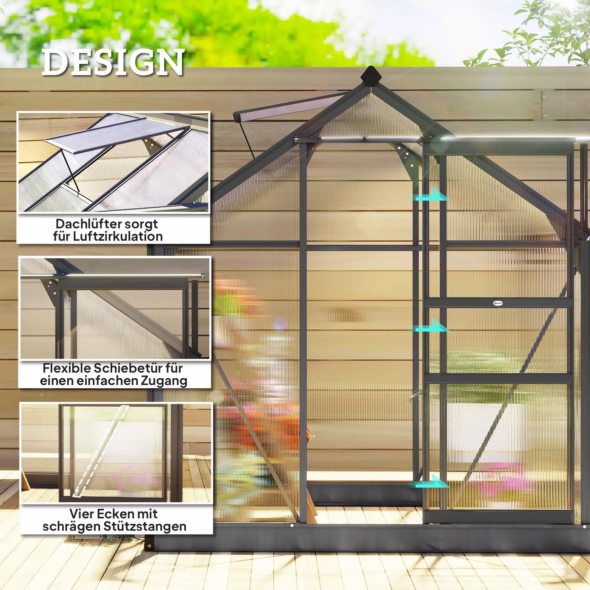 Aliumininis šiltnamis 3,65 m² su pamatu, stoglangiu ir stumdomomis durimis, 4 mm polikarbonatas, atsparus UV, 190×192×201 cm
