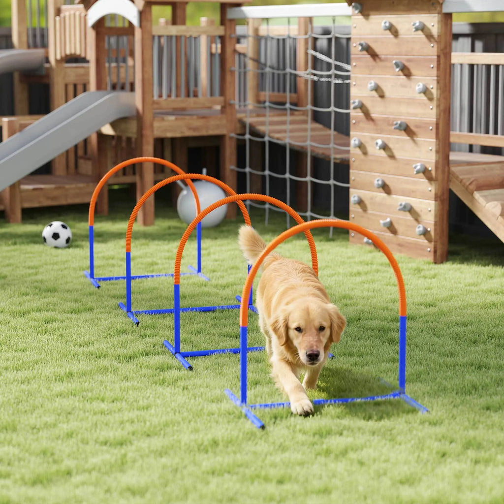 Agility rinkinys šunims, kliūčių ruožas su 4 lankais, mėlynas ir oranžinis, 88 x 64 x 95 cm