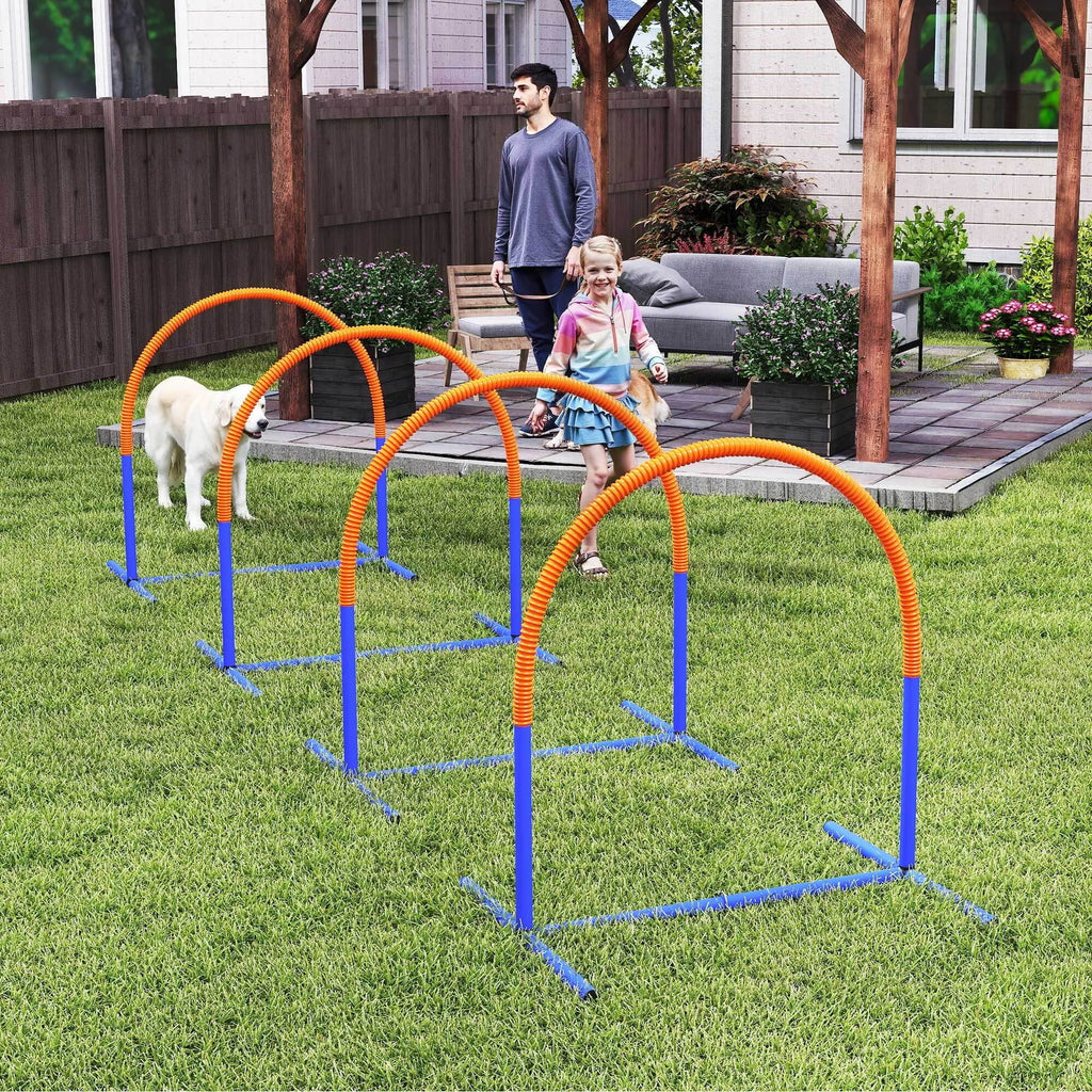 Agility rinkinys šunims, kliūčių ruožas su 4 lankais, mėlynas ir oranžinis, 88 x 64 x 95 cm