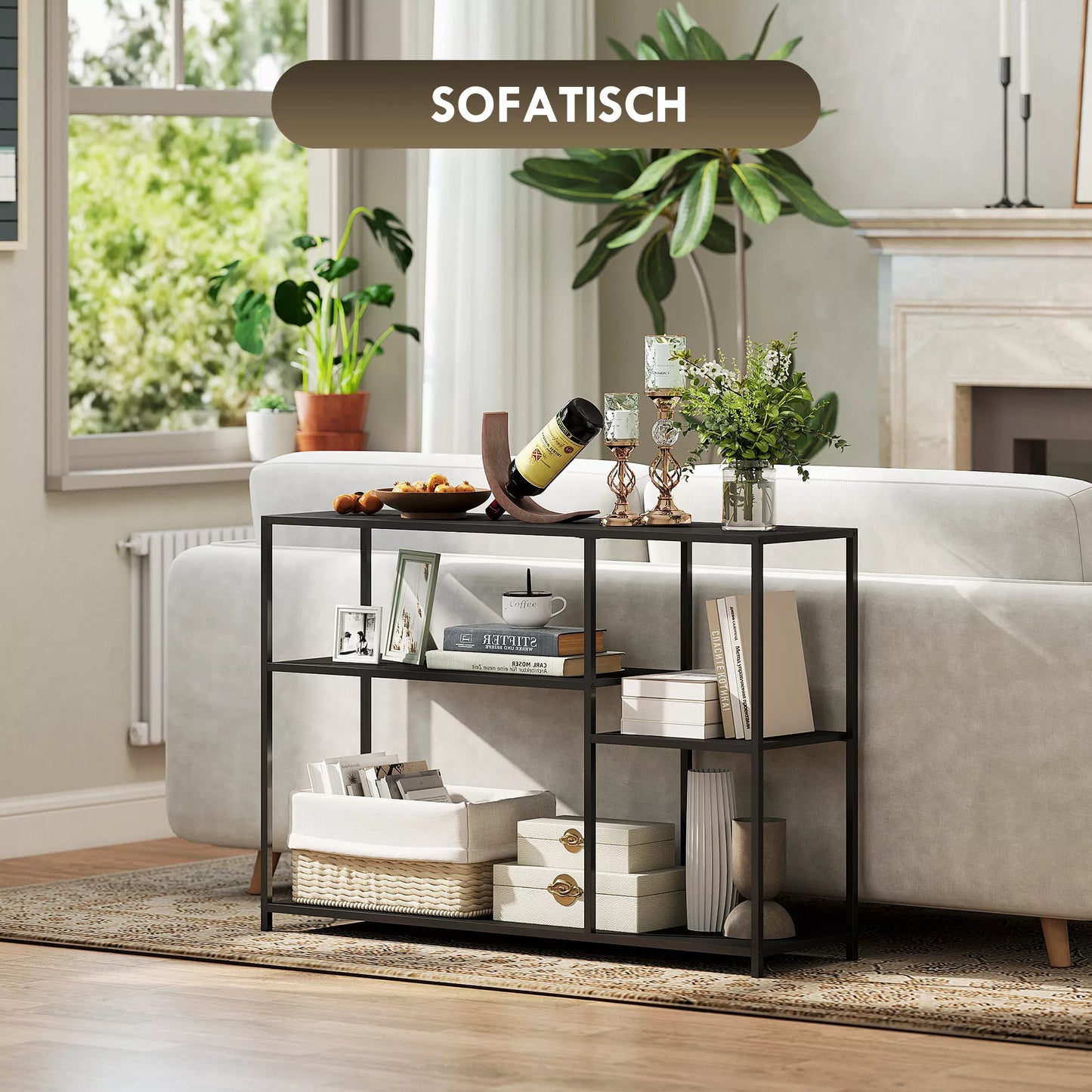 Konsolinis staliukas, 4 lygiai, plieninis rėmas, prieškambariui, svetainei, juodas