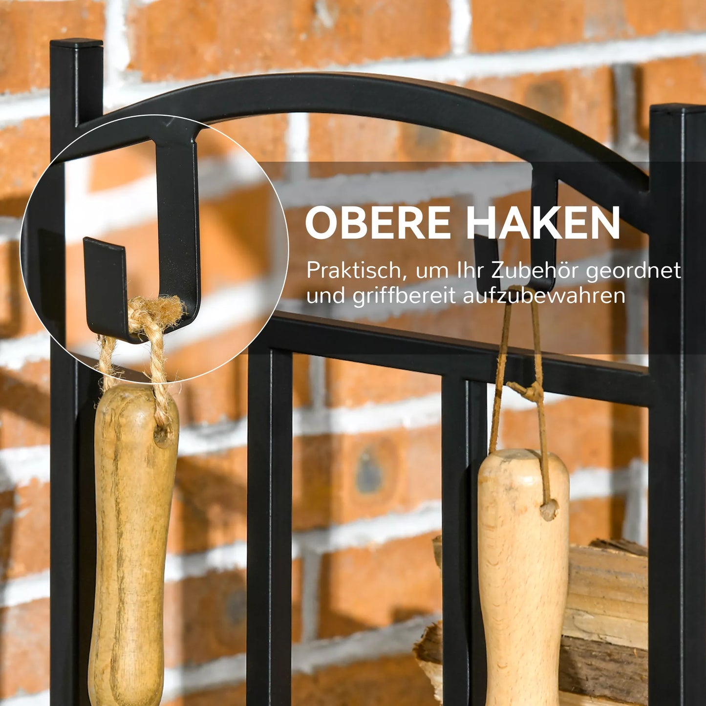 Vidinis malkų stovas 46 x 32 x 126 cm, 3 lygiai, malkų lentyna su 4 kabliukais, metalas, juodas