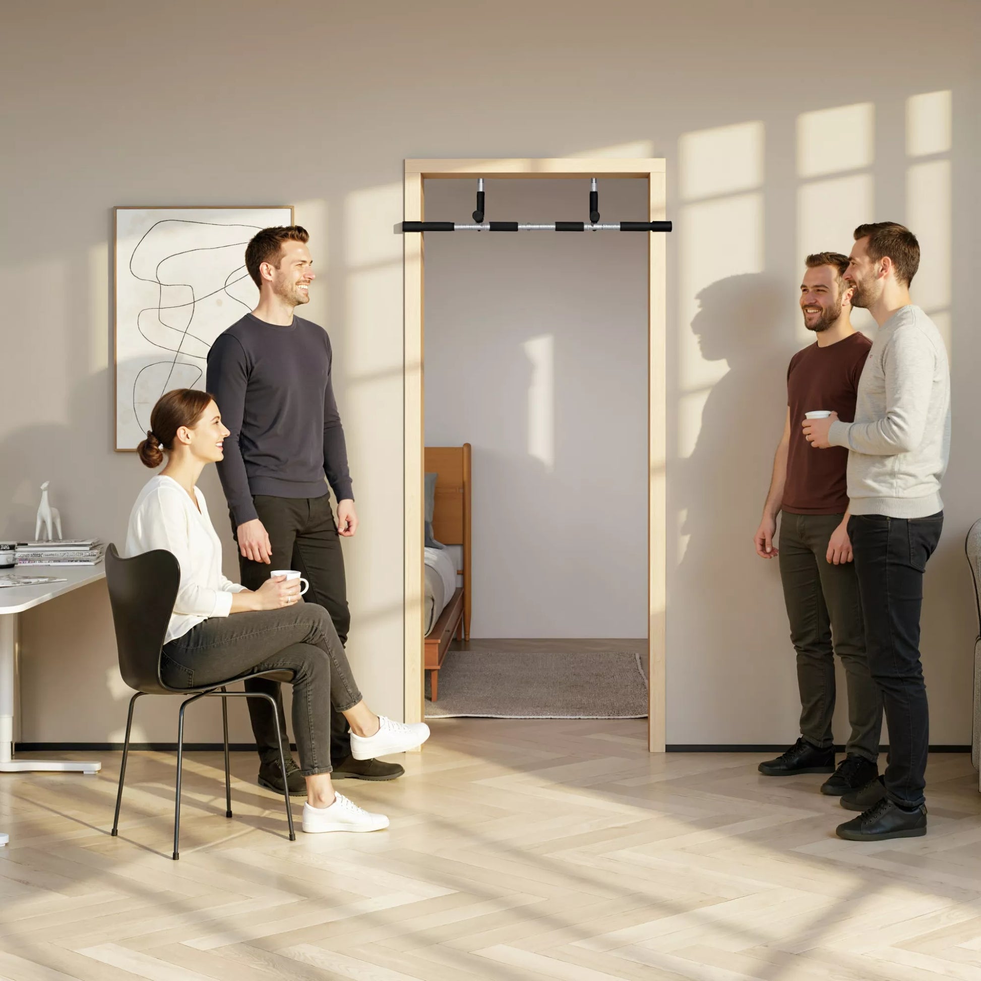 Prisitraukimo strypas, treniruočių laikiklis, daugiafunkcinis durų skersinis, plienas, putplastis, 92 x 40 x 17 cm, juoda+pilka