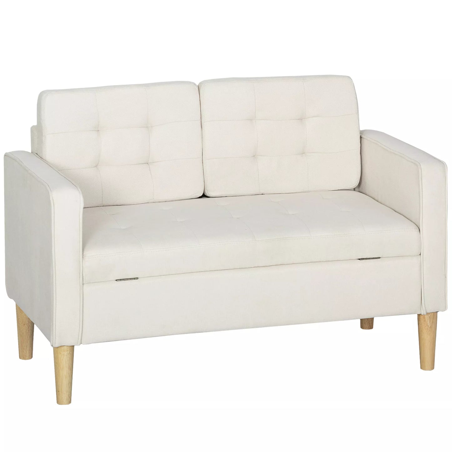 Dvivietė sofa su daiktadėže, sagų apmušalais, pagalvėlėmis, pagaminta iš kaučiukmedžio, 117x62x78cm, kreminės baltos spalvos.