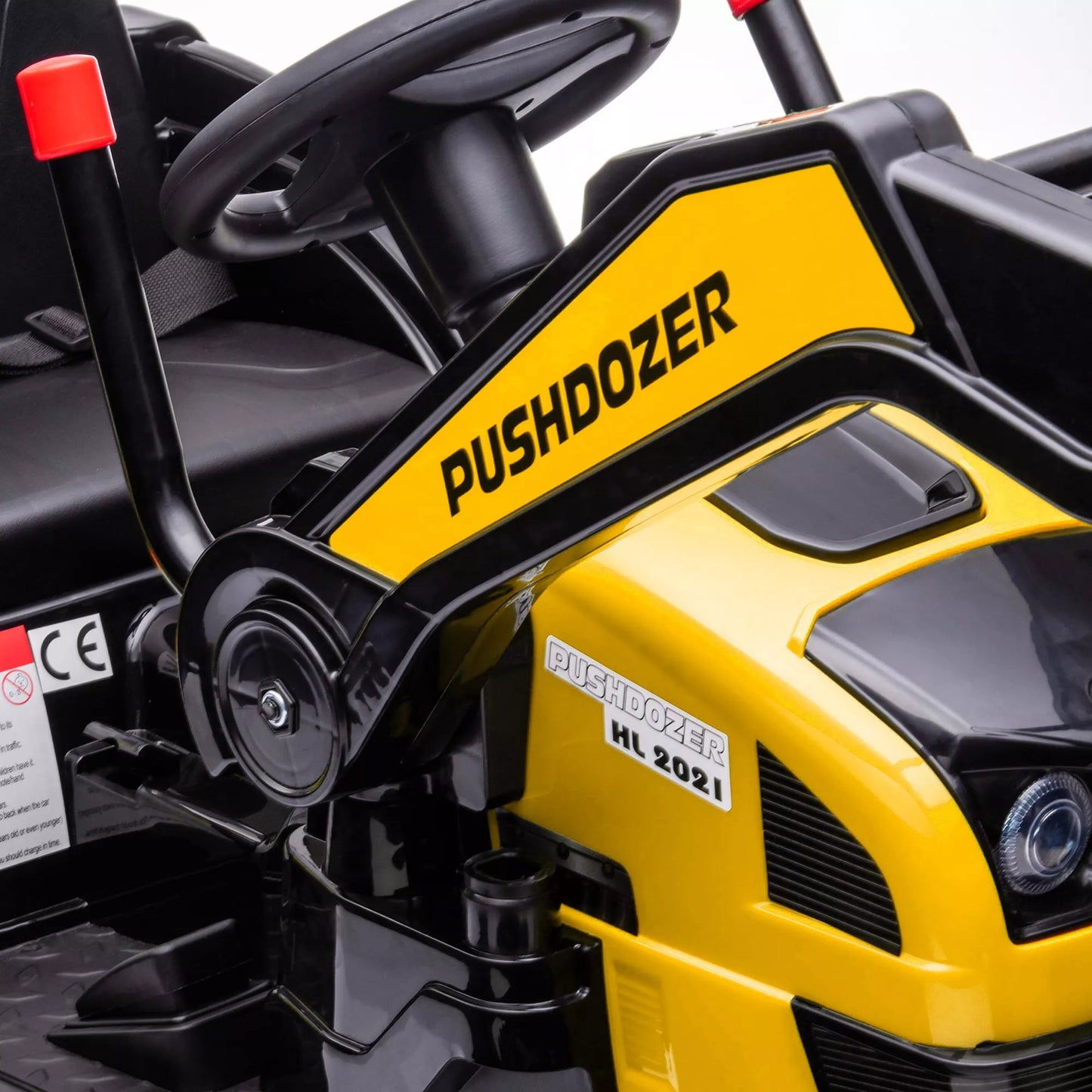 Elektrinis ekskavatorius vaikams, važiavimo ekskavatorius, elektrinis traktorius su muzika, kaušo rankenos, 3–5 metų vaikams, PP plastikas, plienas, geltonas, 132 x 62 x 65 cm