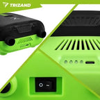 Trys detalės iš arti: vėdinimo grotelės, USB-C lizdas su indikatoriais ir įjungimo jungiklis