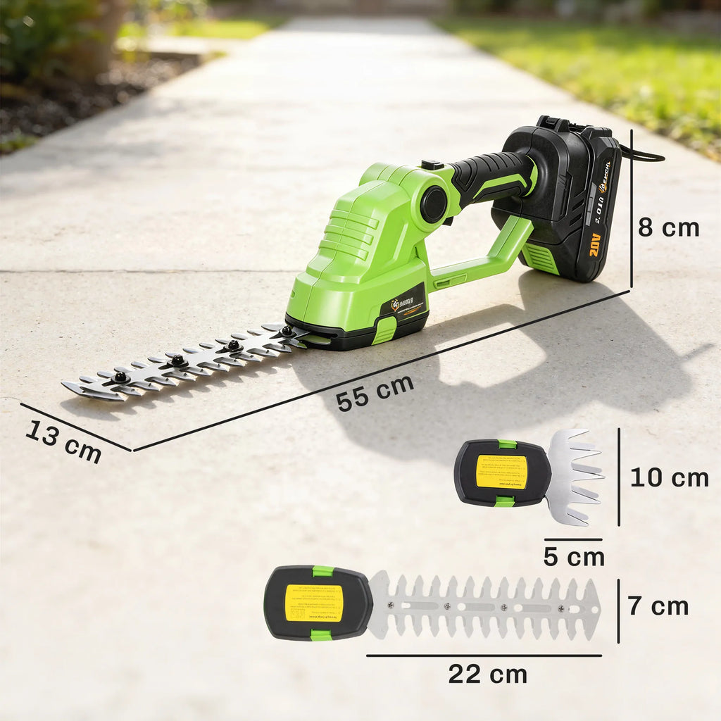 Akumuliatorinės gyvatvorių žirklės 2-in-1, 20/10 cm, su įkrovikliu