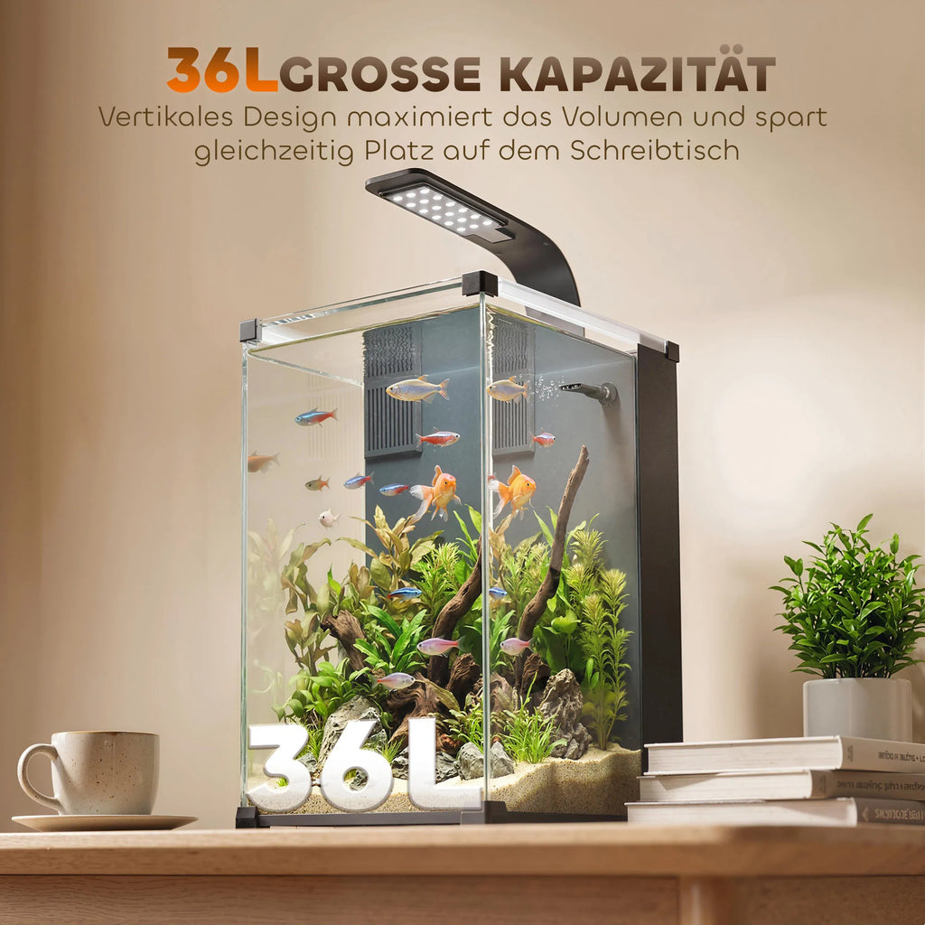 Akvariumo komplektas 36 l, su LED apšvietimu, filtru ir siurbliu, juodas, 30 x 30 x 45,5 cm
